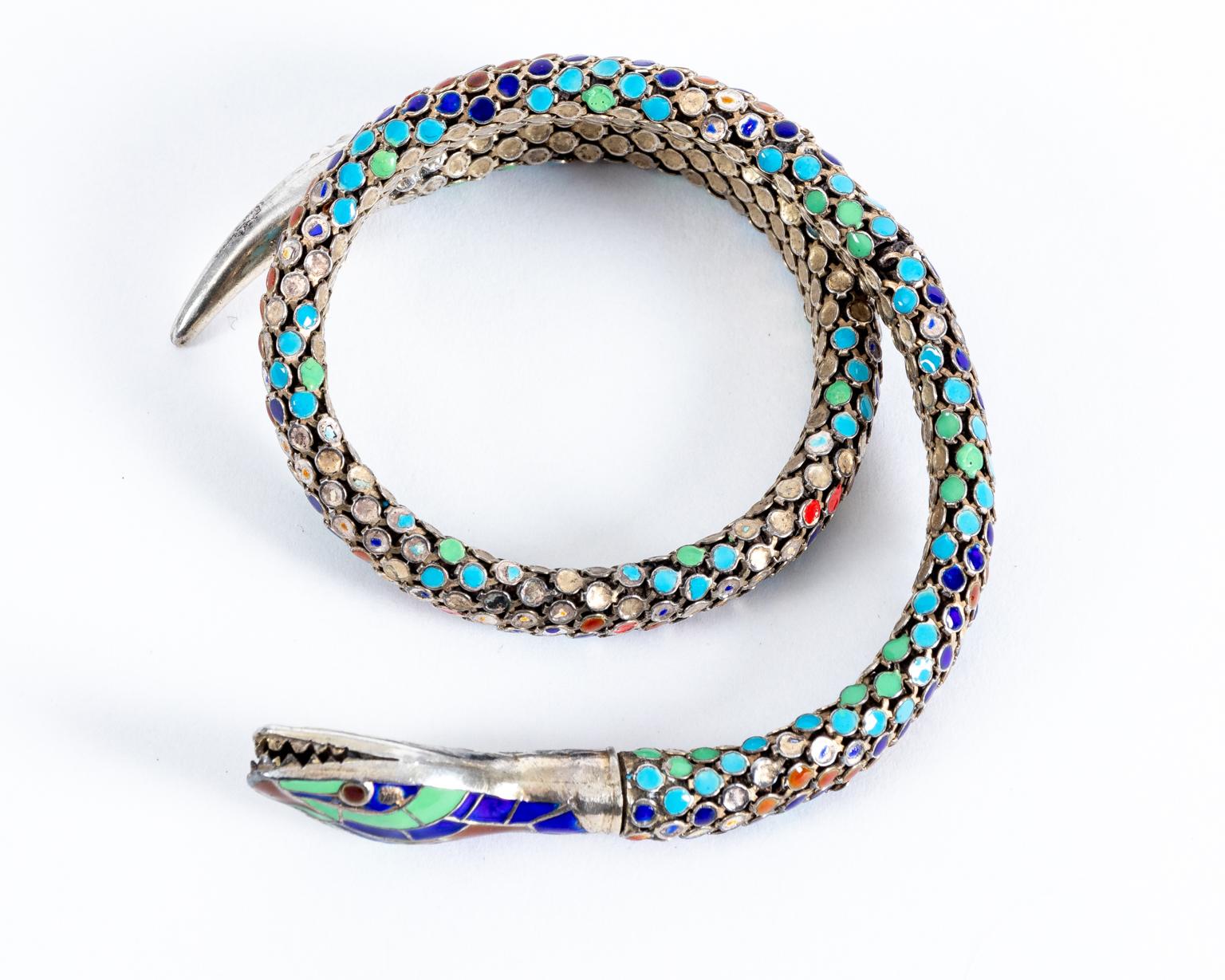 Women's Antique Sterling and Enamel Art Deco Coil Snake Bracelet For Sale