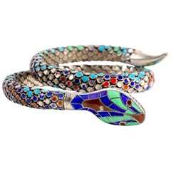 Antique Sterling and Enamel Art Deco Coil Snake Bracelet