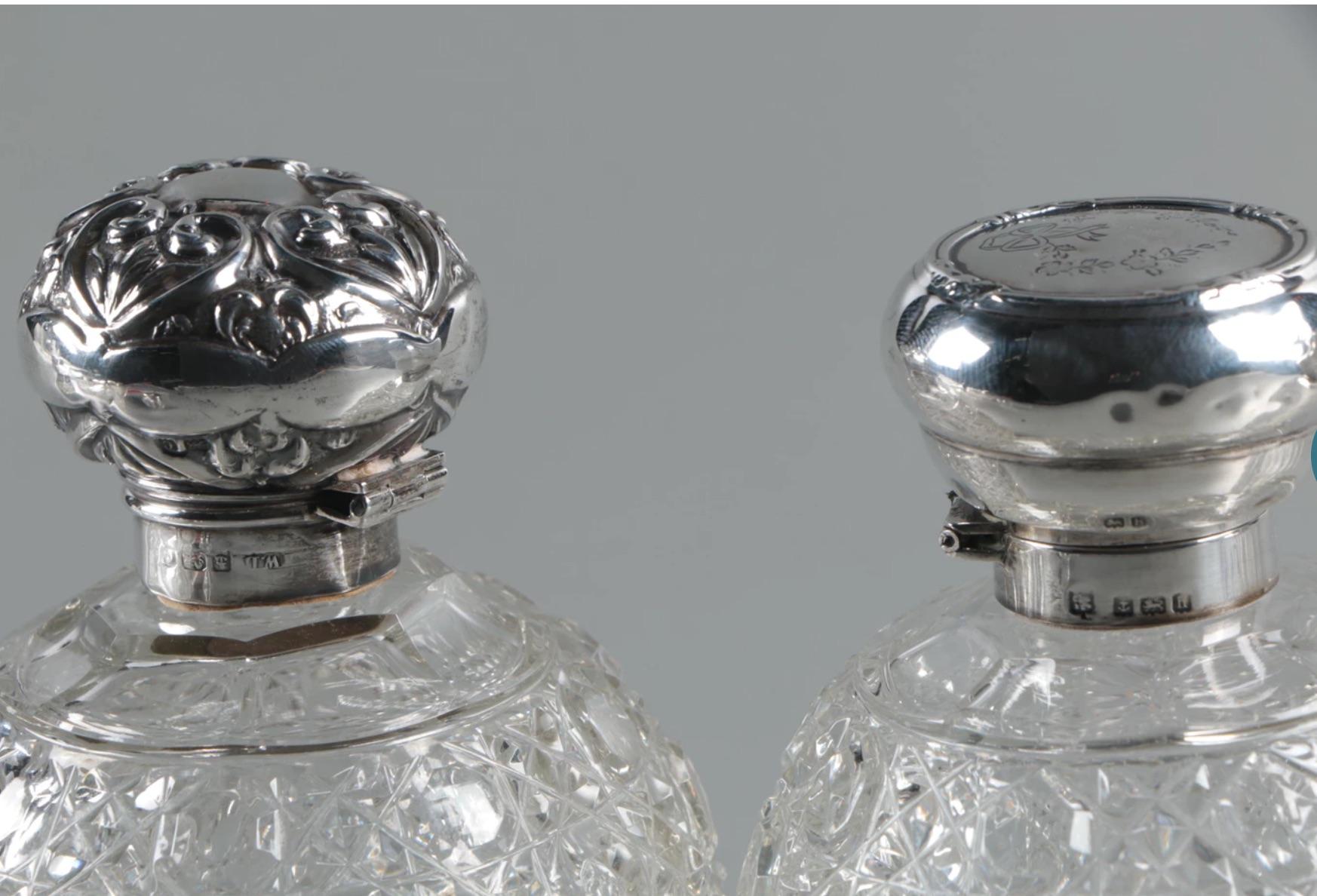 European Antique Sterling Crystal 9 Perfume Bottles-Featuring Rare Wm. Devenport, 1905 For Sale