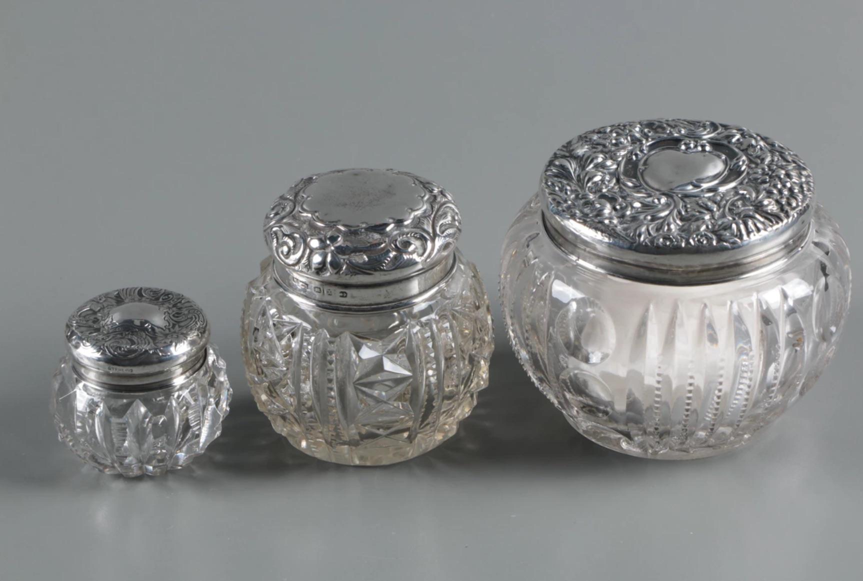 Hand-Crafted Antique Sterling Crystal 9 Perfume Bottles-Featuring Rare Wm. Devenport, 1905 For Sale