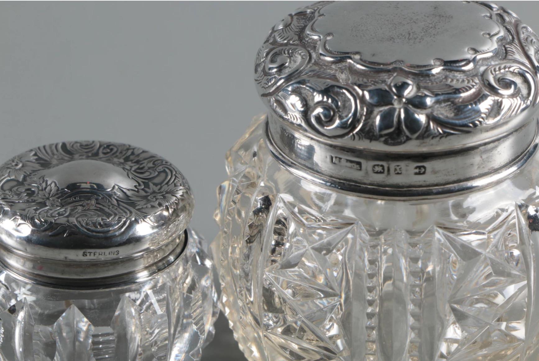 Antique Sterling Crystal 9 Perfume Bottles-Featuring Rare Wm. Devenport, 1905 In Good Condition For Sale In West Palm Beach, FL