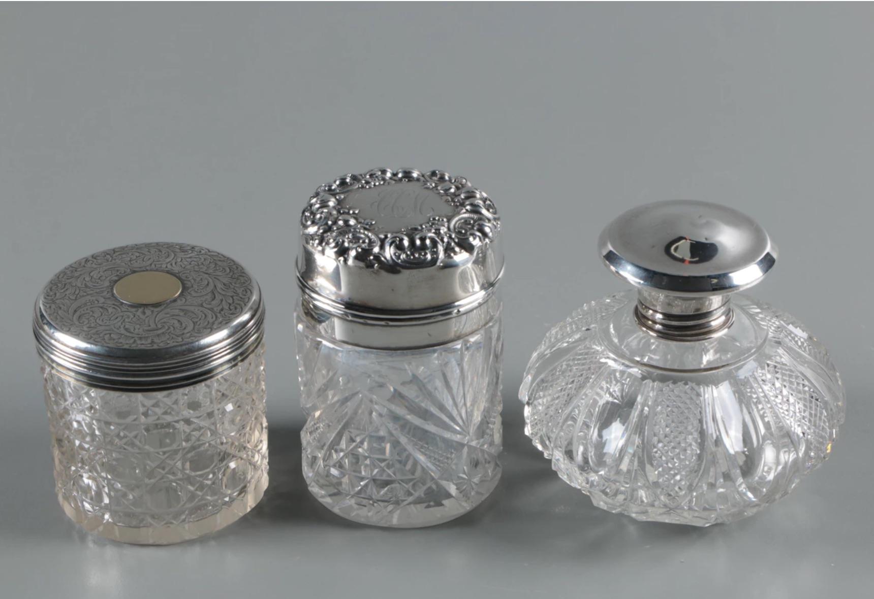 19th Century Antique Sterling Crystal 9 Perfume Bottles-Featuring Rare Wm. Devenport, 1905 For Sale