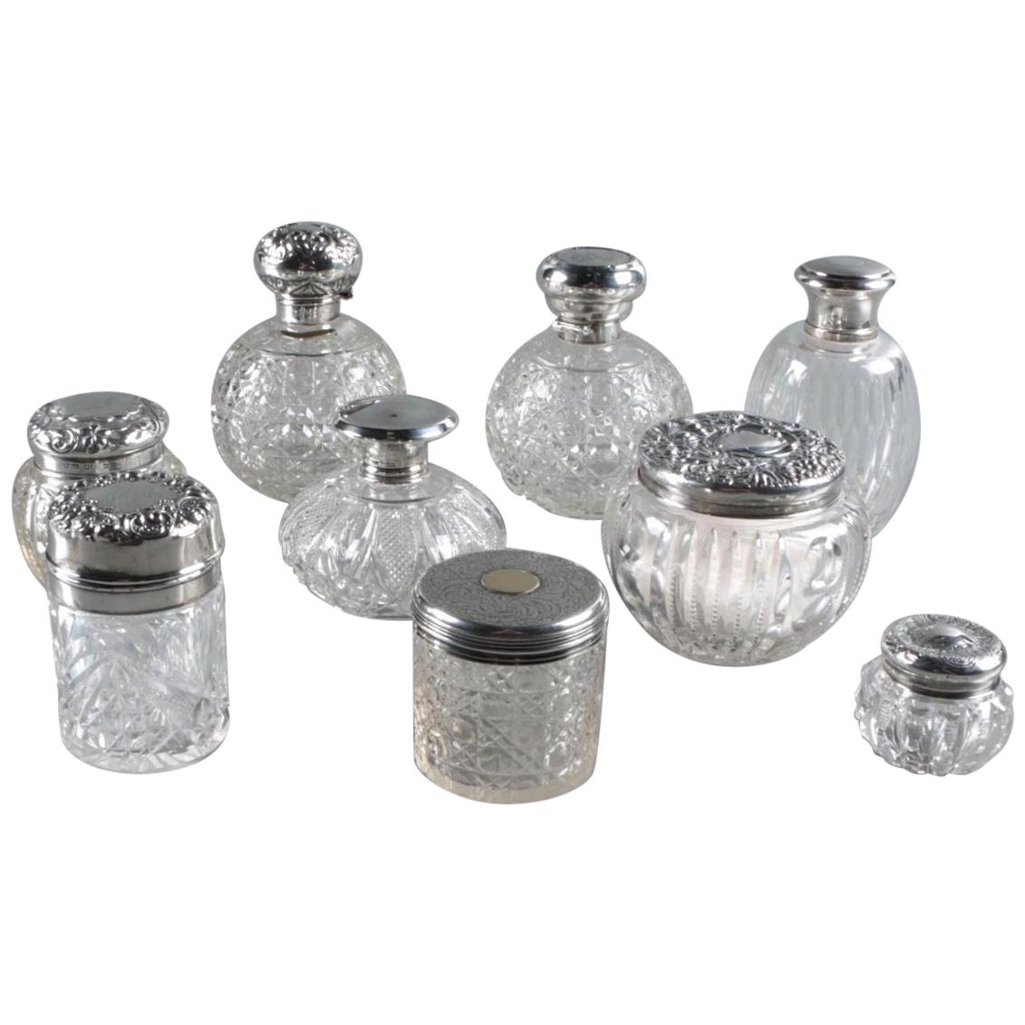 Antique Sterling Crystal 9 Perfume Bottles-Featuring Rare Wm. Devenport, 1905 For Sale