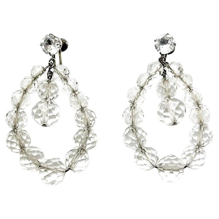 Antichi orecchini a cerchio in argento e cristallo tagliato del 1910