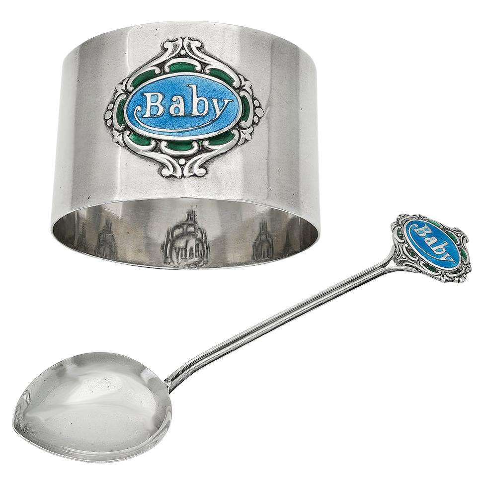 Antique Sterling & Enamel Baby Spoon & Napkin Ring For Sale