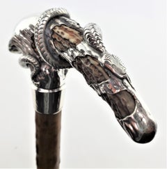 Antique Sterling Handled Walking Stick or Cane with Figural Snake or Serpent