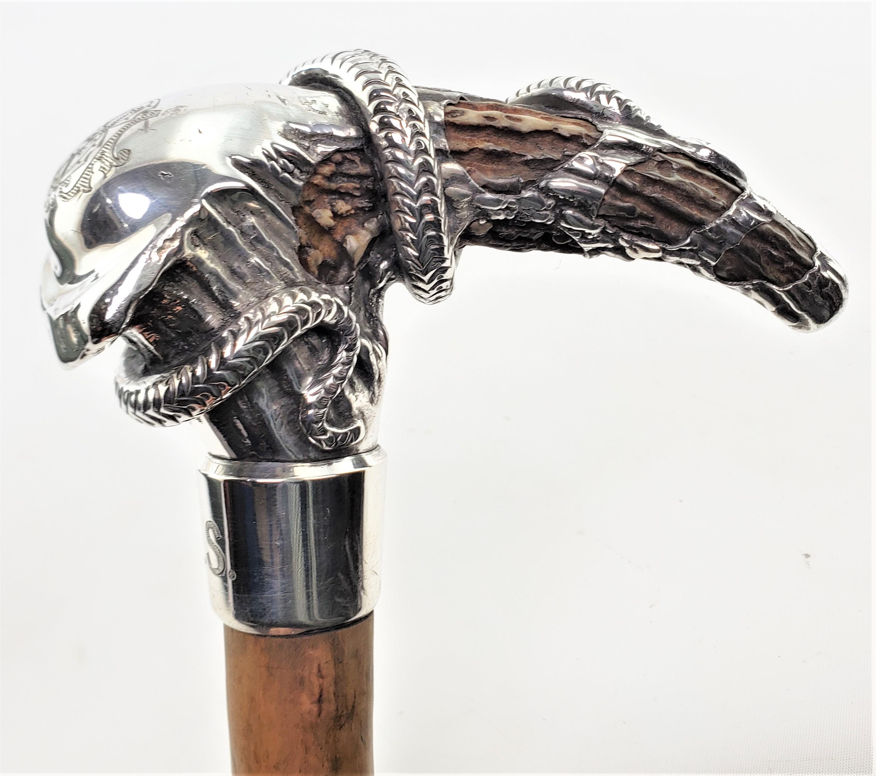 Antique Sterling Handled Walking Stick or Cane with Figural Snake or Serpent In Good Condition In Hamilton, Ontario