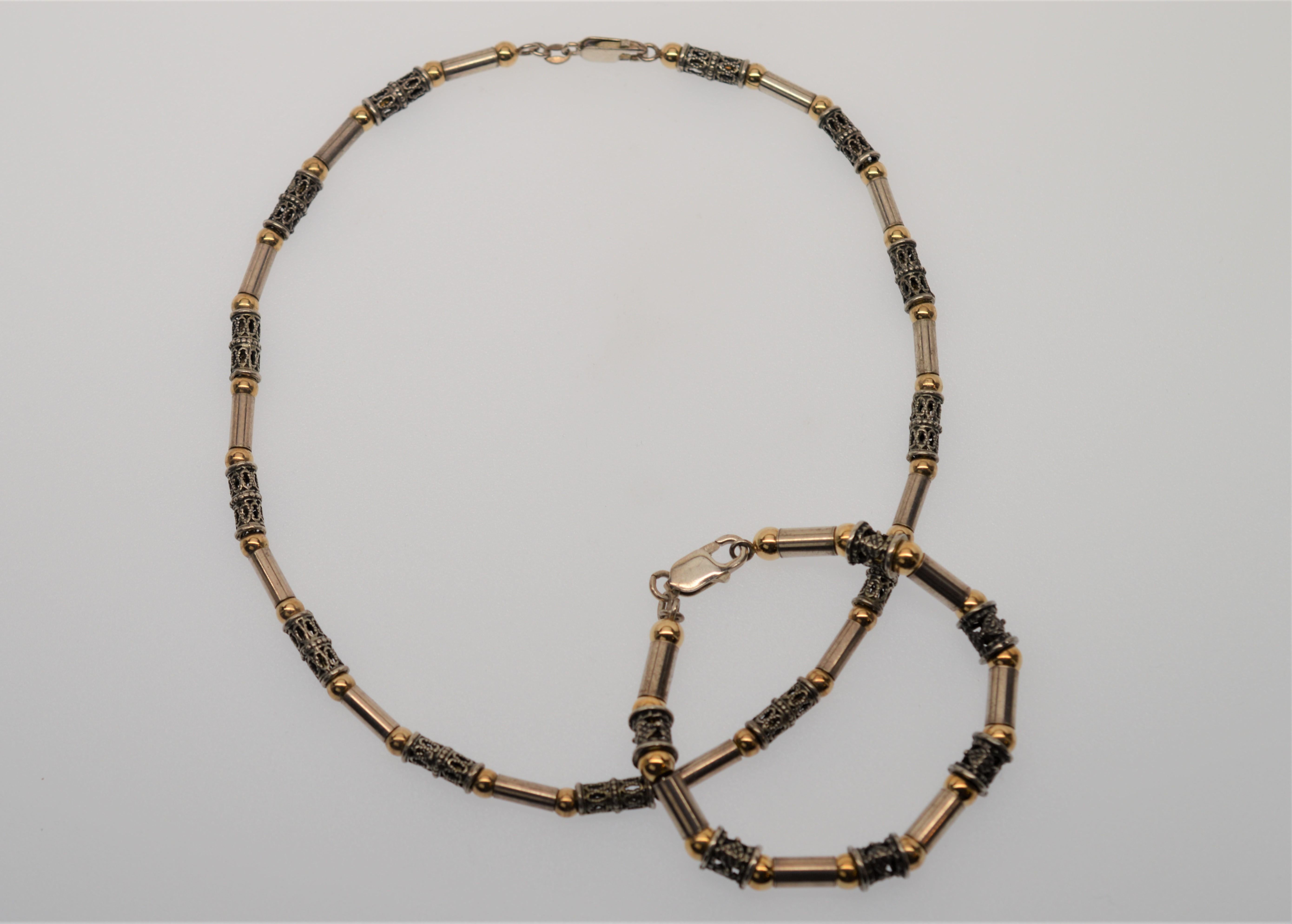 Artisan Antique Sterling Silver & 14k Gold Link Necklace with Bracelet Set