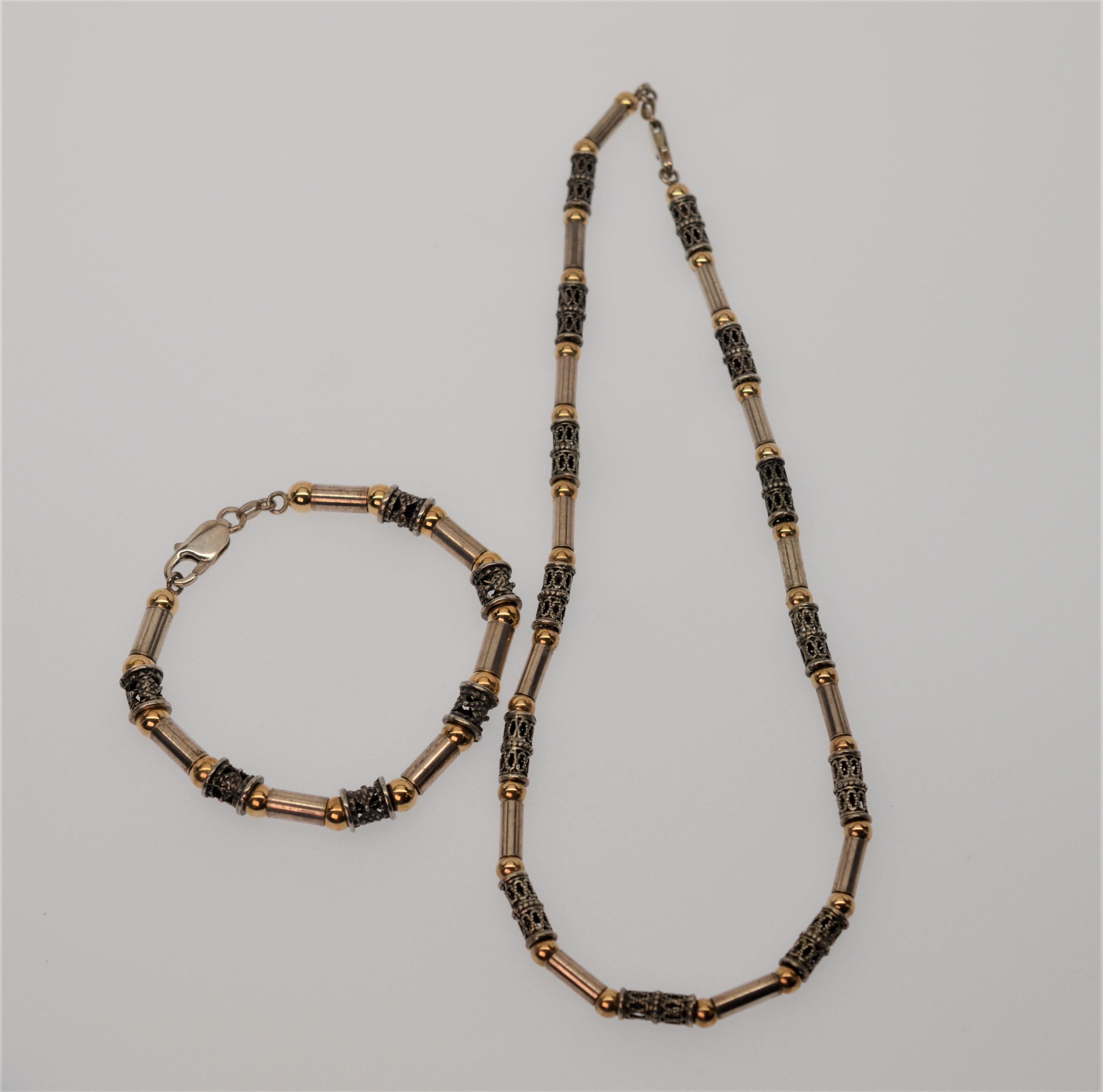 Women's Antique Sterling Silver & 14k Gold Link Necklace with Bracelet Set