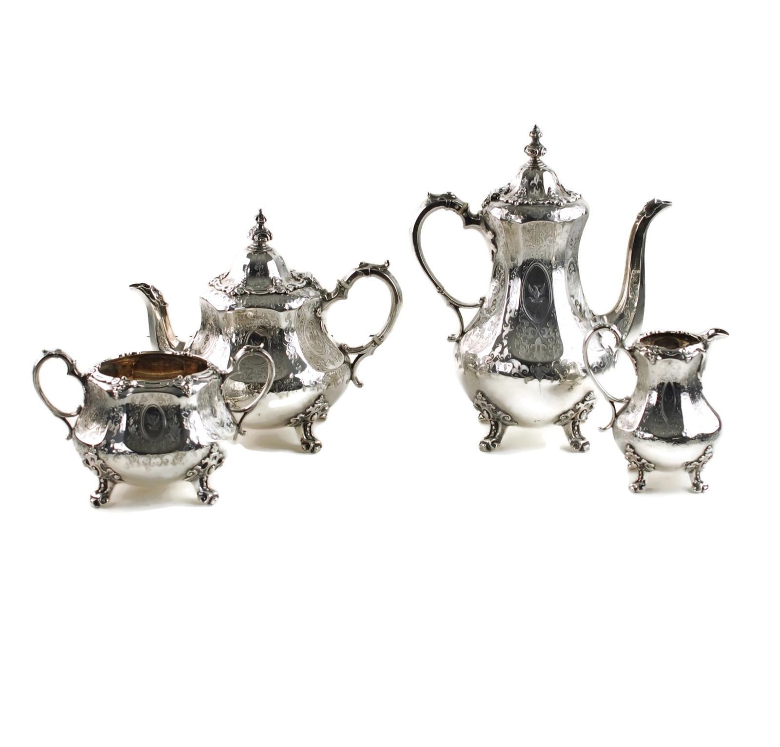Victorian Antique Sterling Silver 4-Piece Engraved Tea & Coffee Set Daniel & Charles Houle