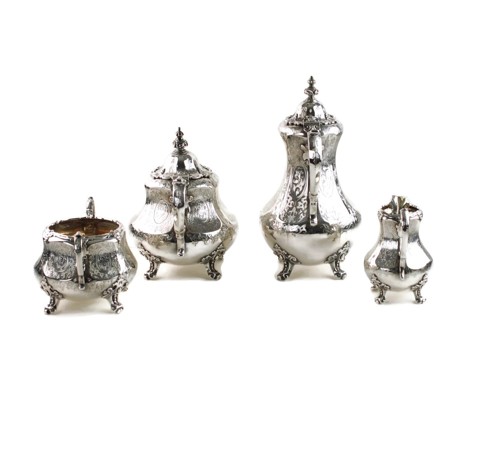 English Antique Sterling Silver 4-Piece Engraved Tea & Coffee Set Daniel & Charles Houle