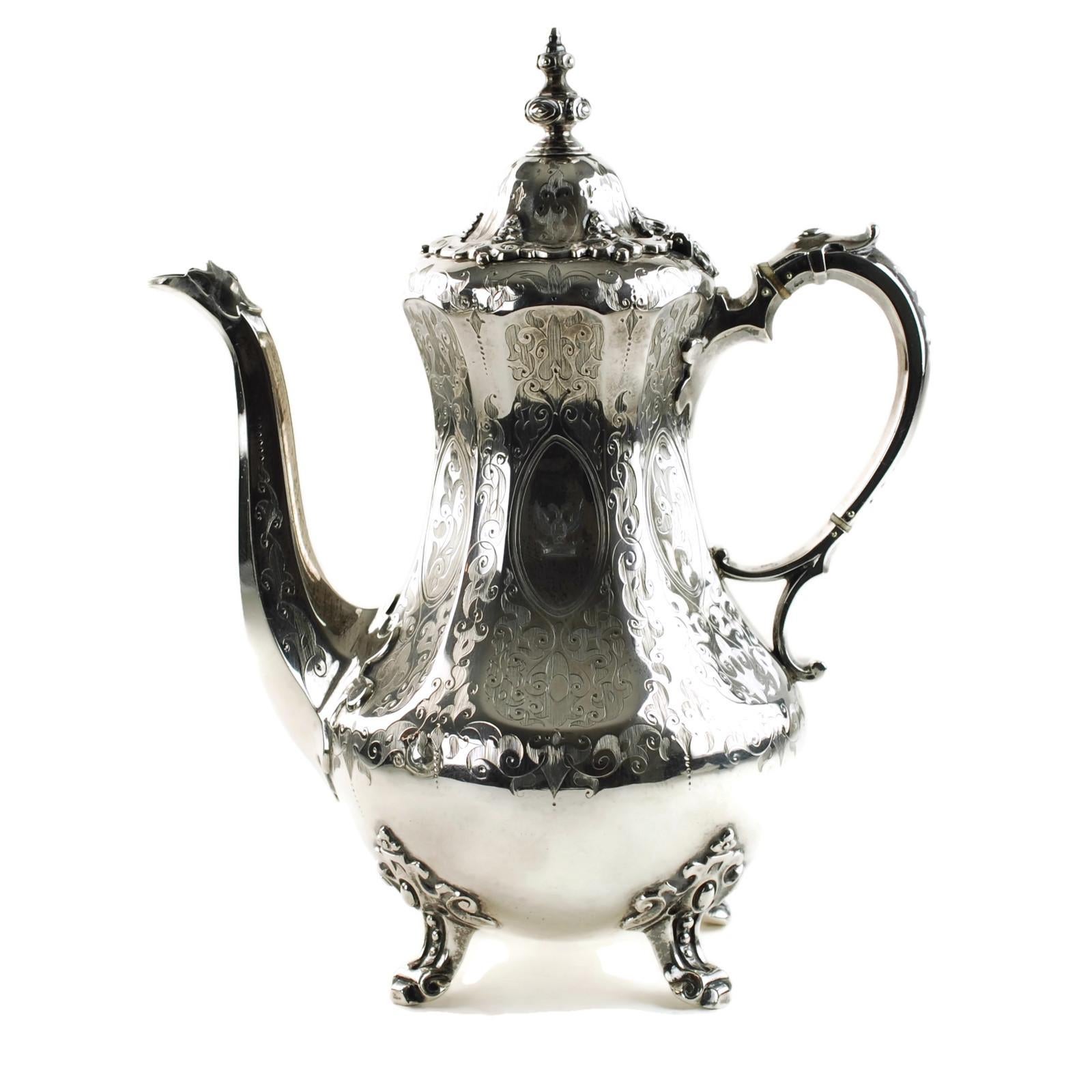 Antique Sterling Silver 4-Piece Engraved Tea & Coffee Set Daniel & Charles Houle In Good Condition In Cincinnati, OH