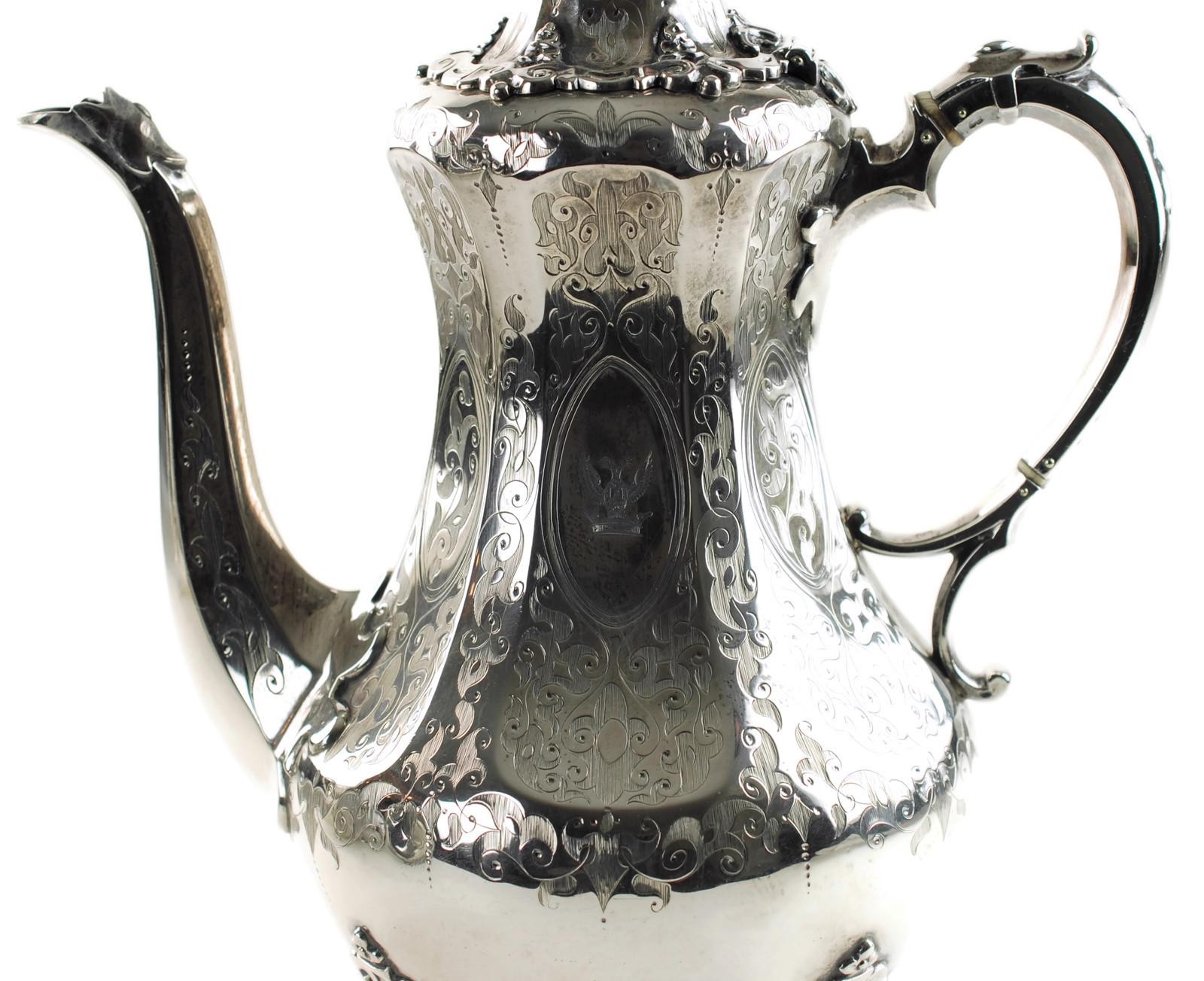 Mid-19th Century Antique Sterling Silver 4-Piece Engraved Tea & Coffee Set Daniel & Charles Houle