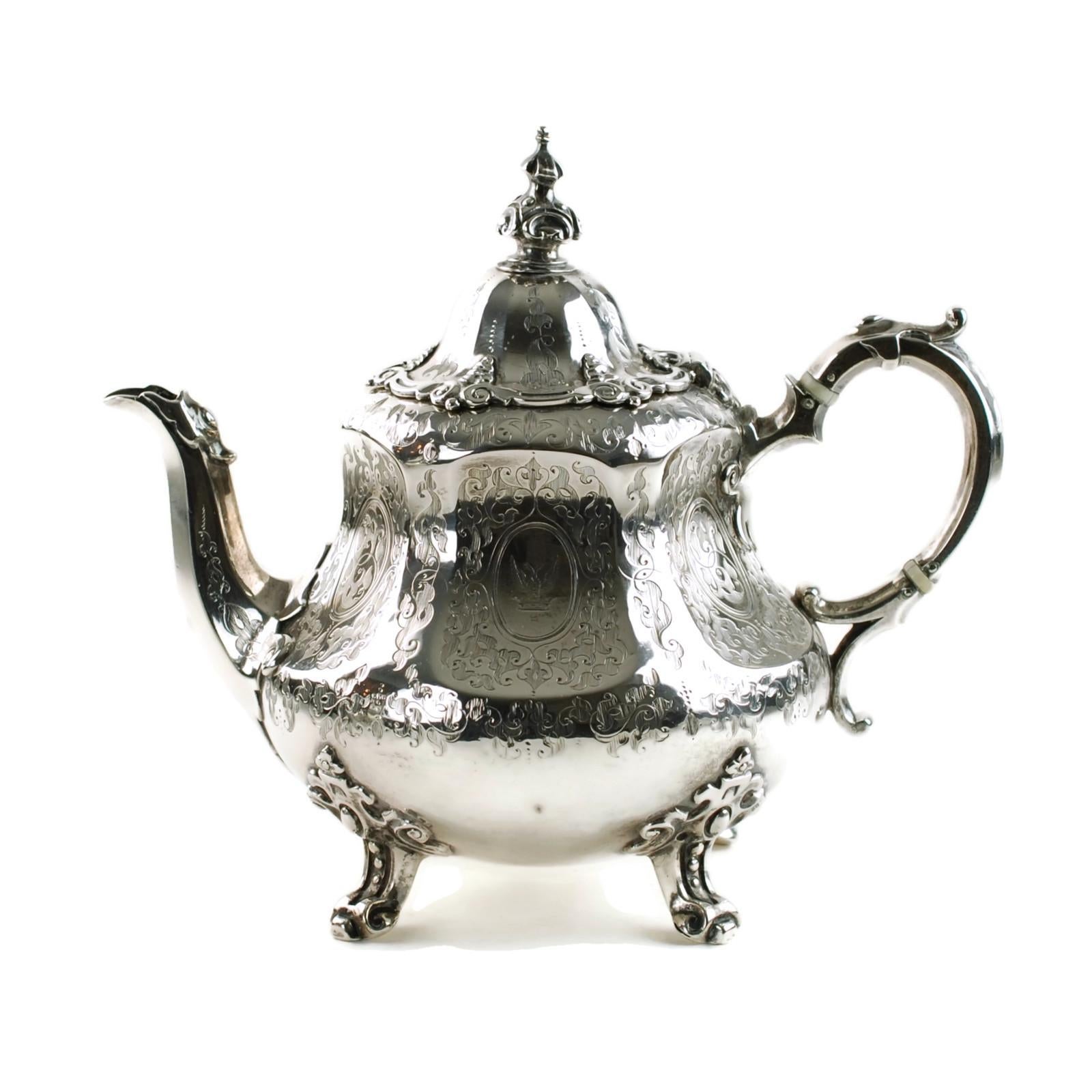 Antique Sterling Silver 4-Piece Engraved Tea & Coffee Set Daniel & Charles Houle 3