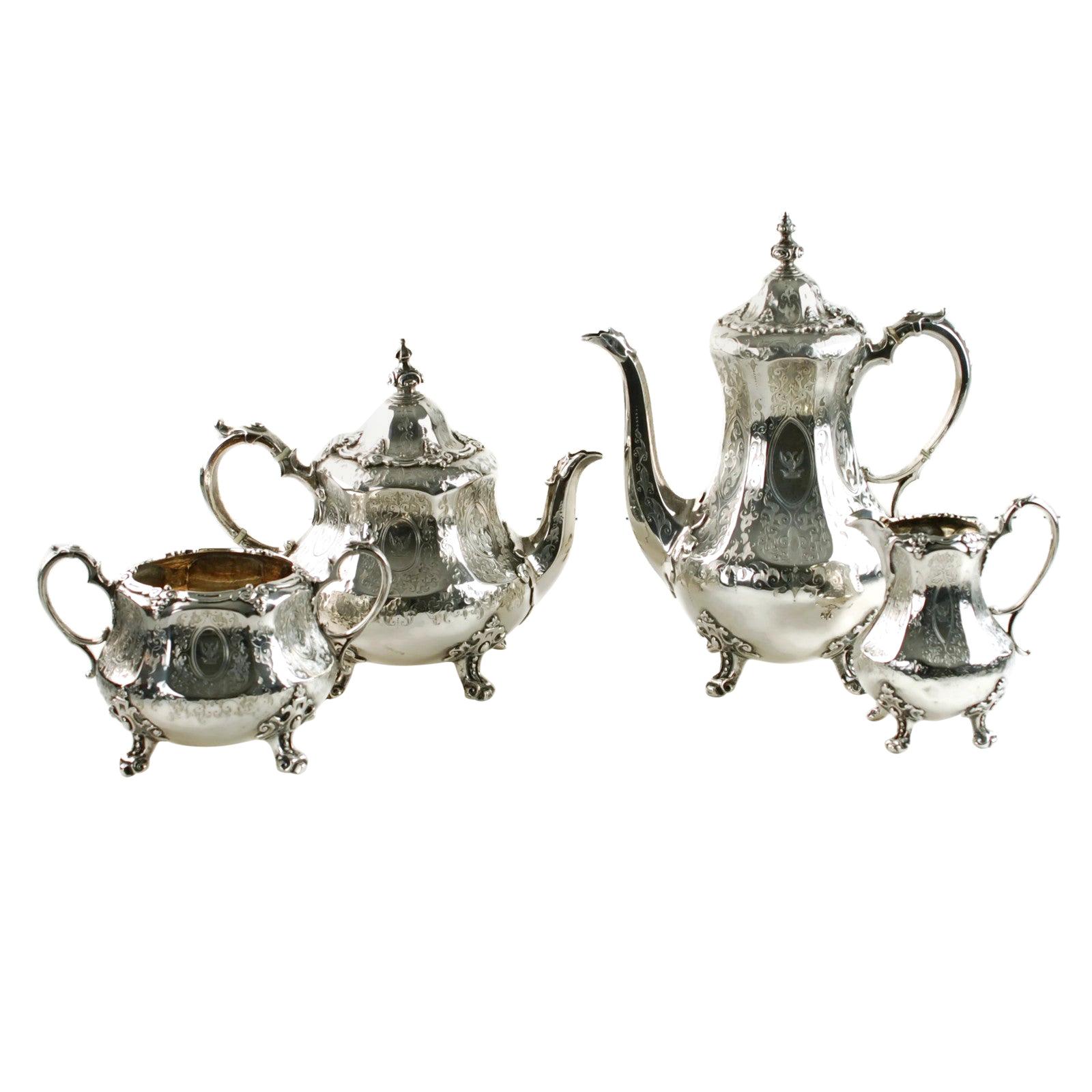 Antique Sterling Silver 4-Piece Engraved Tea & Coffee Set Daniel & Charles Houle