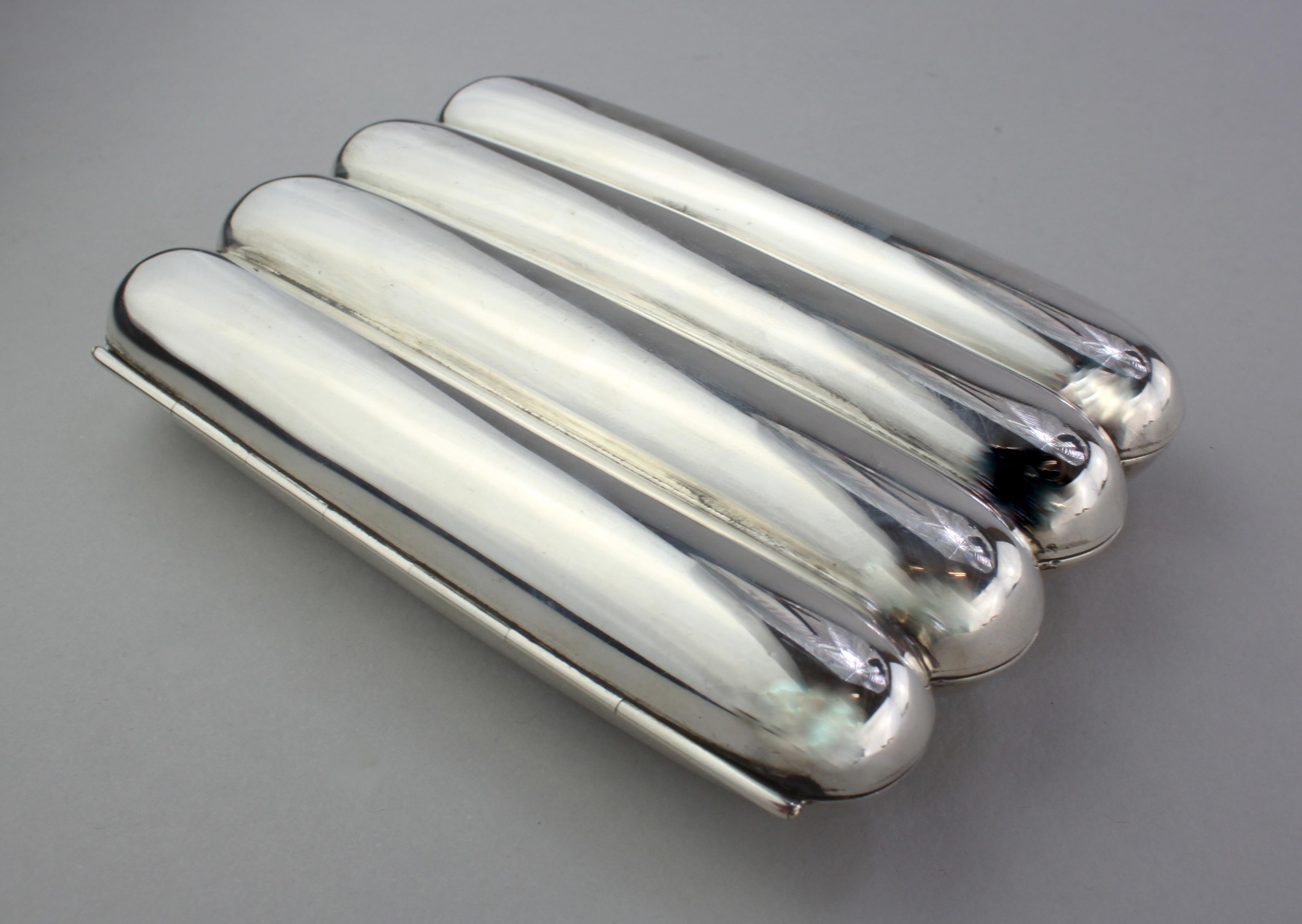 British Antique Sterling Silver 4 Slot Cigar Box, Hilliard & Thomason, Birmingham, 1905