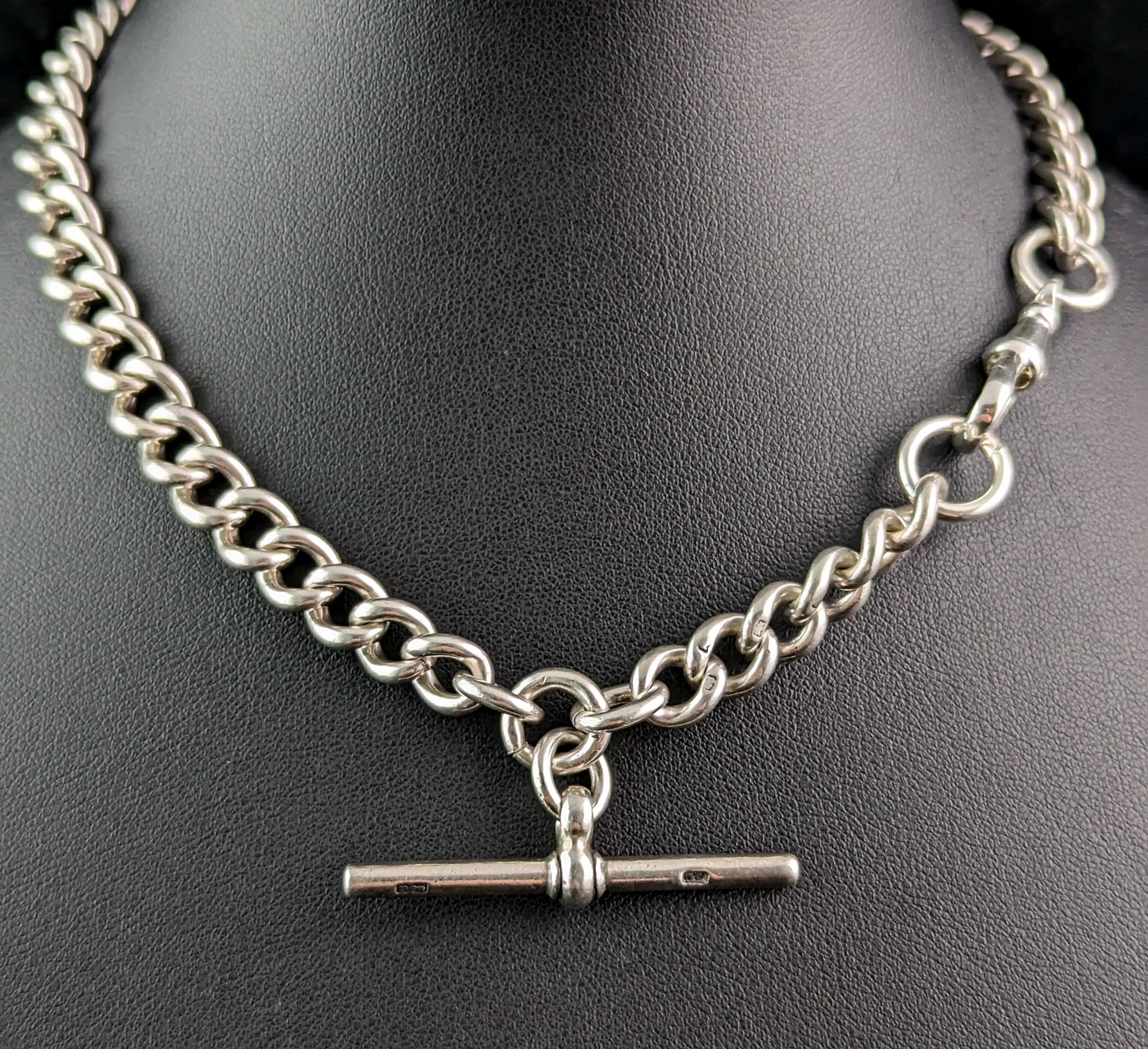 You can't help but fall in love with this handsome antique Albert chain.

It is a wonderfully chunky curb link Albert chain in crisp, cool sterling silver, the links are each stamped with the lion passant for sterling silver and it has a substantial