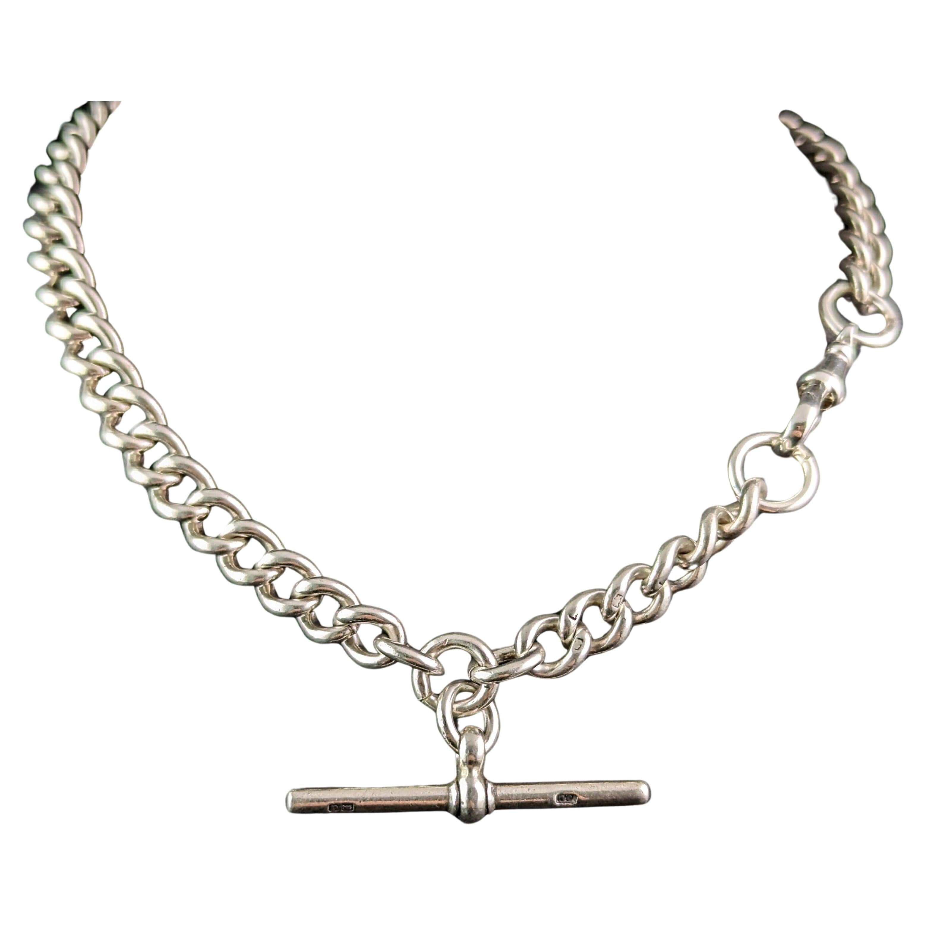 Antique sterling silver Albert chain, Edwardian  For Sale