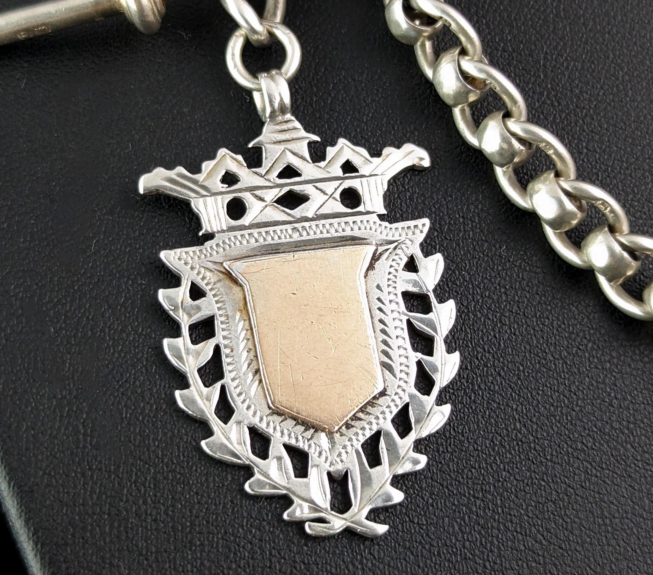 Antique Sterling silver Albert chain, Fancy link, Rose gold shield fob  In Good Condition In NEWARK, GB