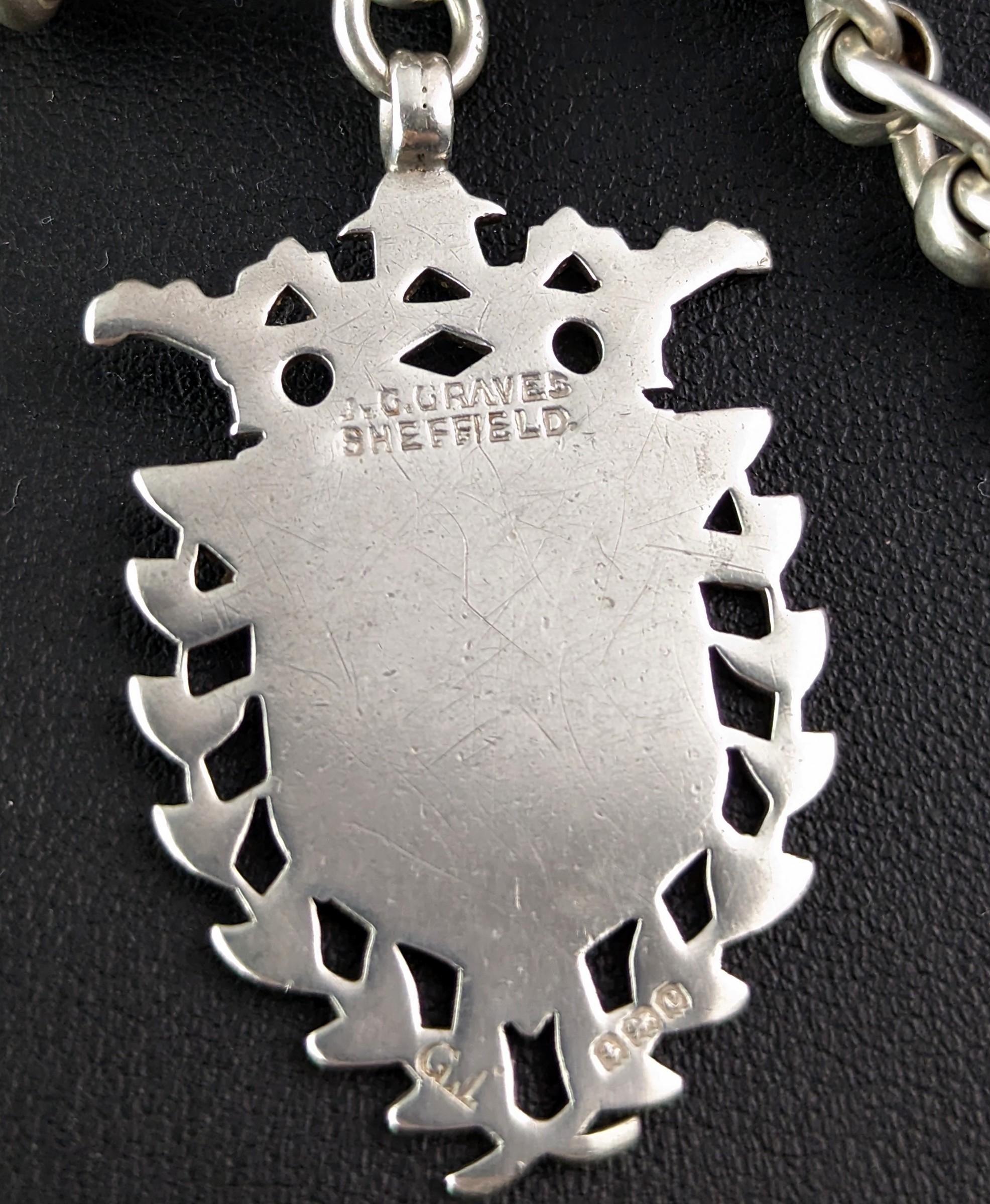 Women's or Men's Antique Sterling silver Albert chain, Fancy link, Rose gold shield fob 