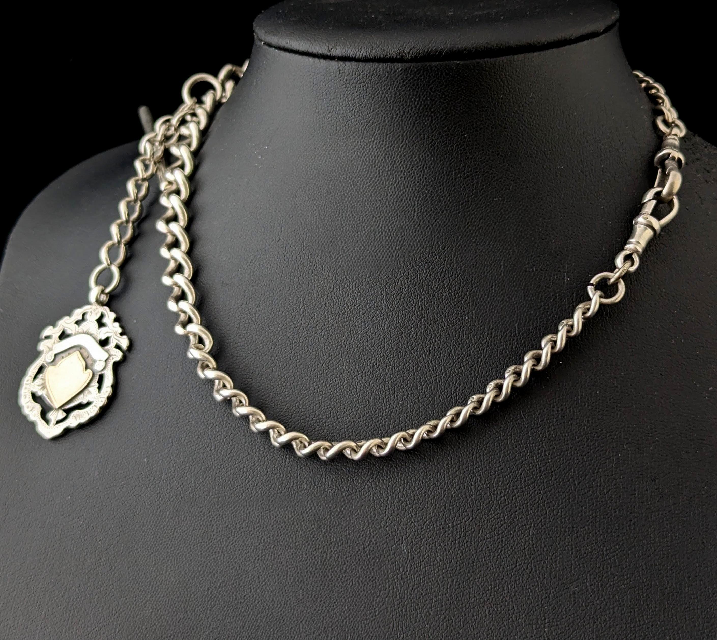 Antique Sterling silver Albert chain, Fob and T bar For Sale 5