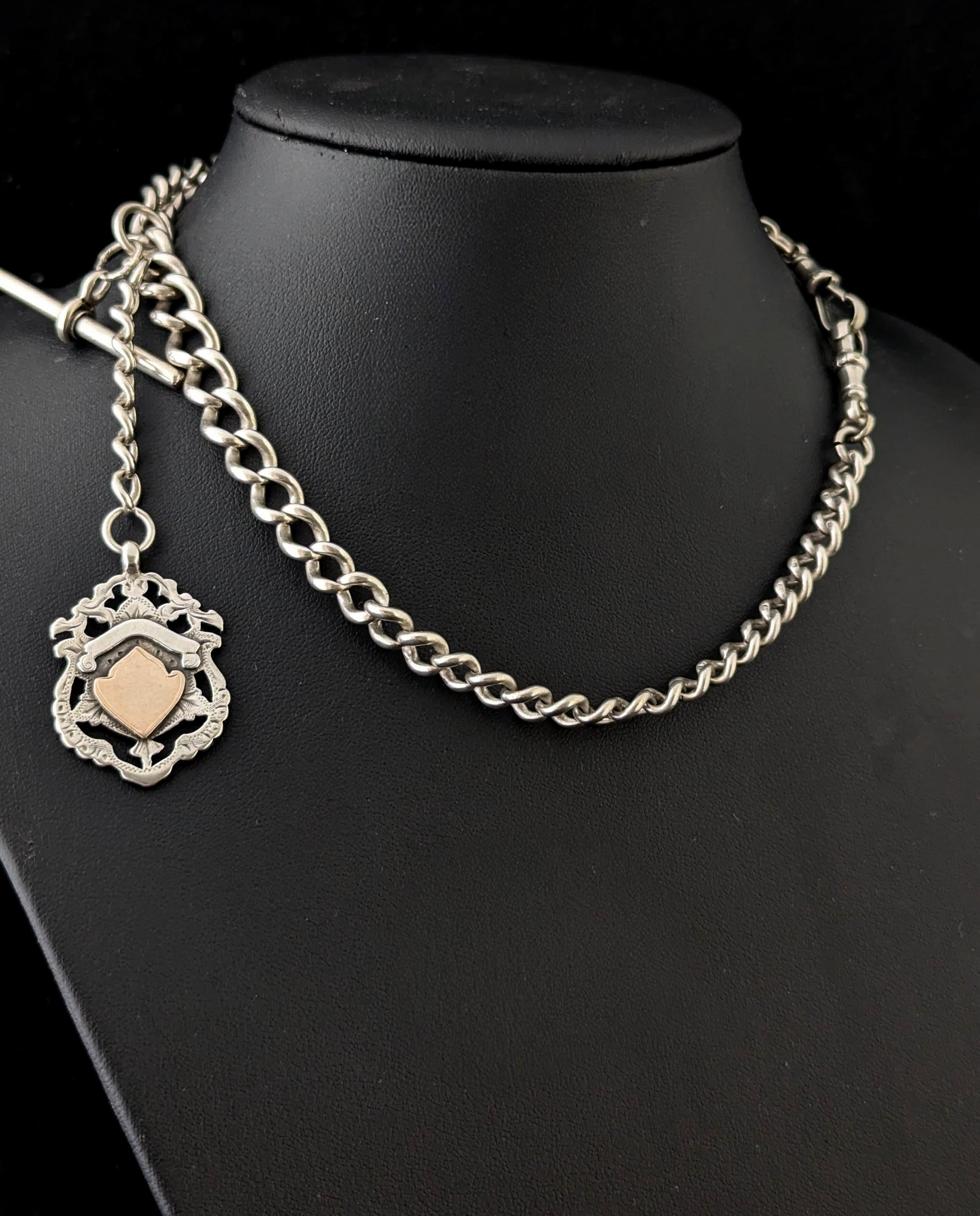 Antique Sterling silver Albert chain, Fob and T bar For Sale 6