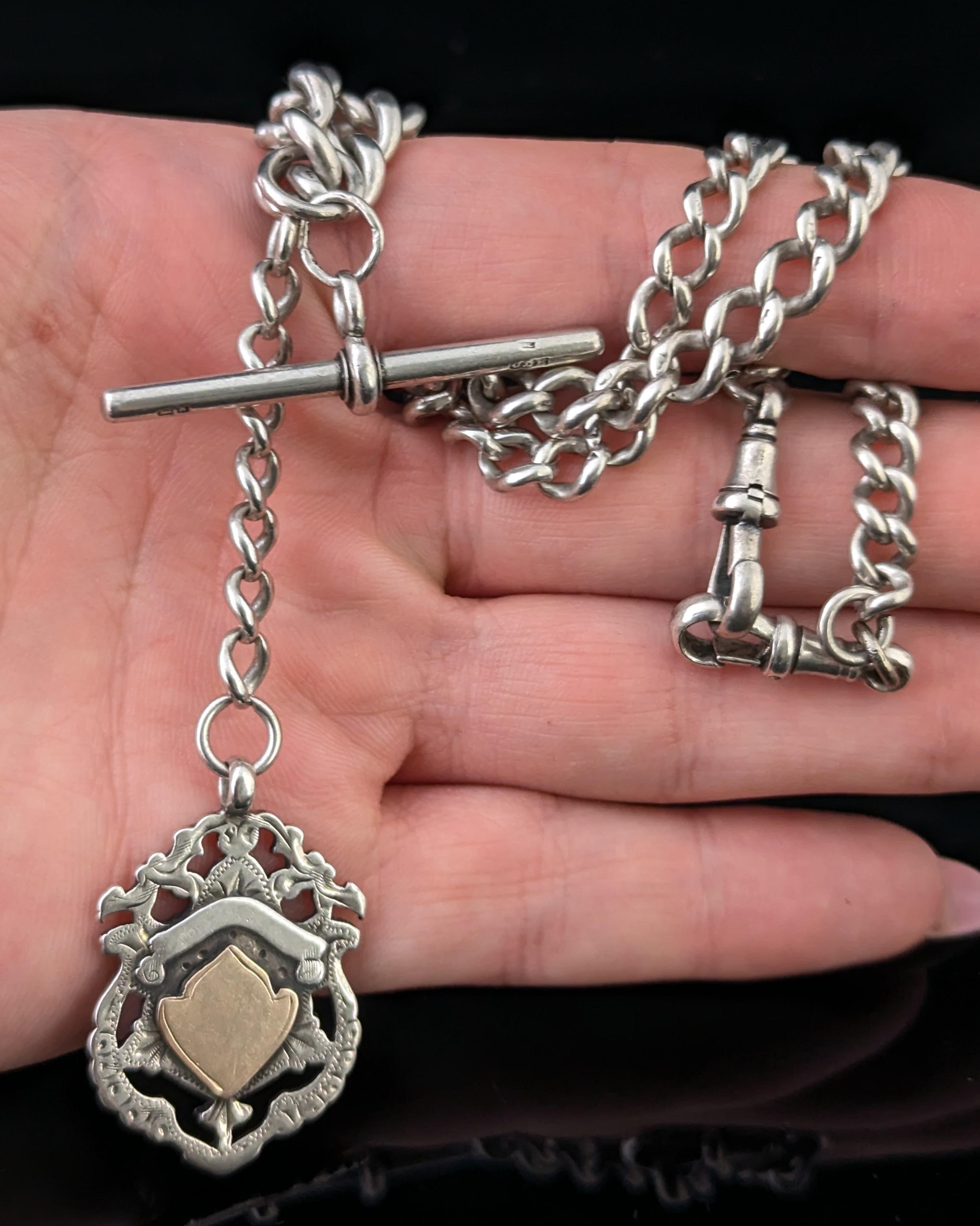 Antique Sterling silver Albert chain, Fob and T bar For Sale 7