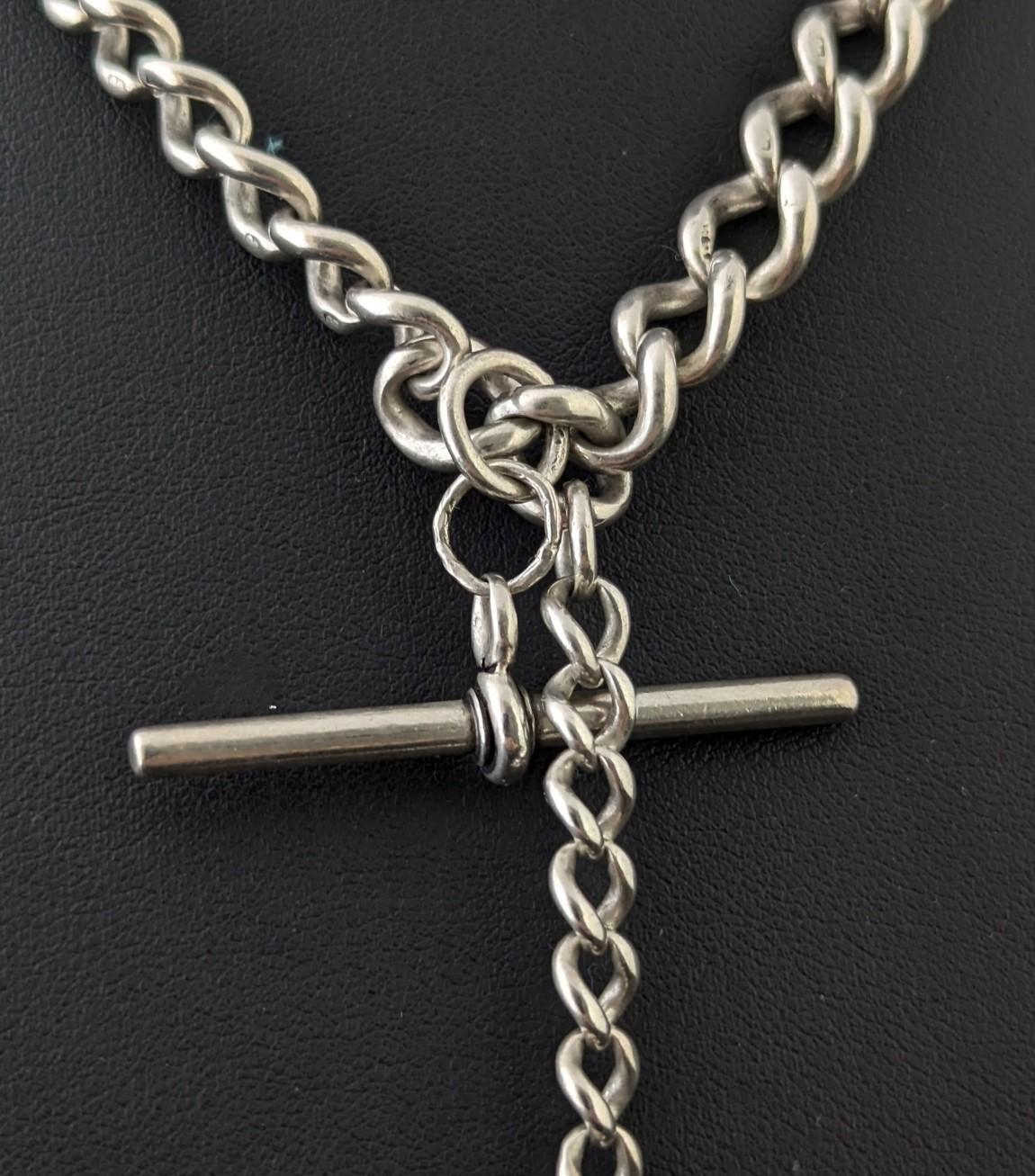 Victorian Antique Sterling silver Albert chain, Fob and T bar For Sale