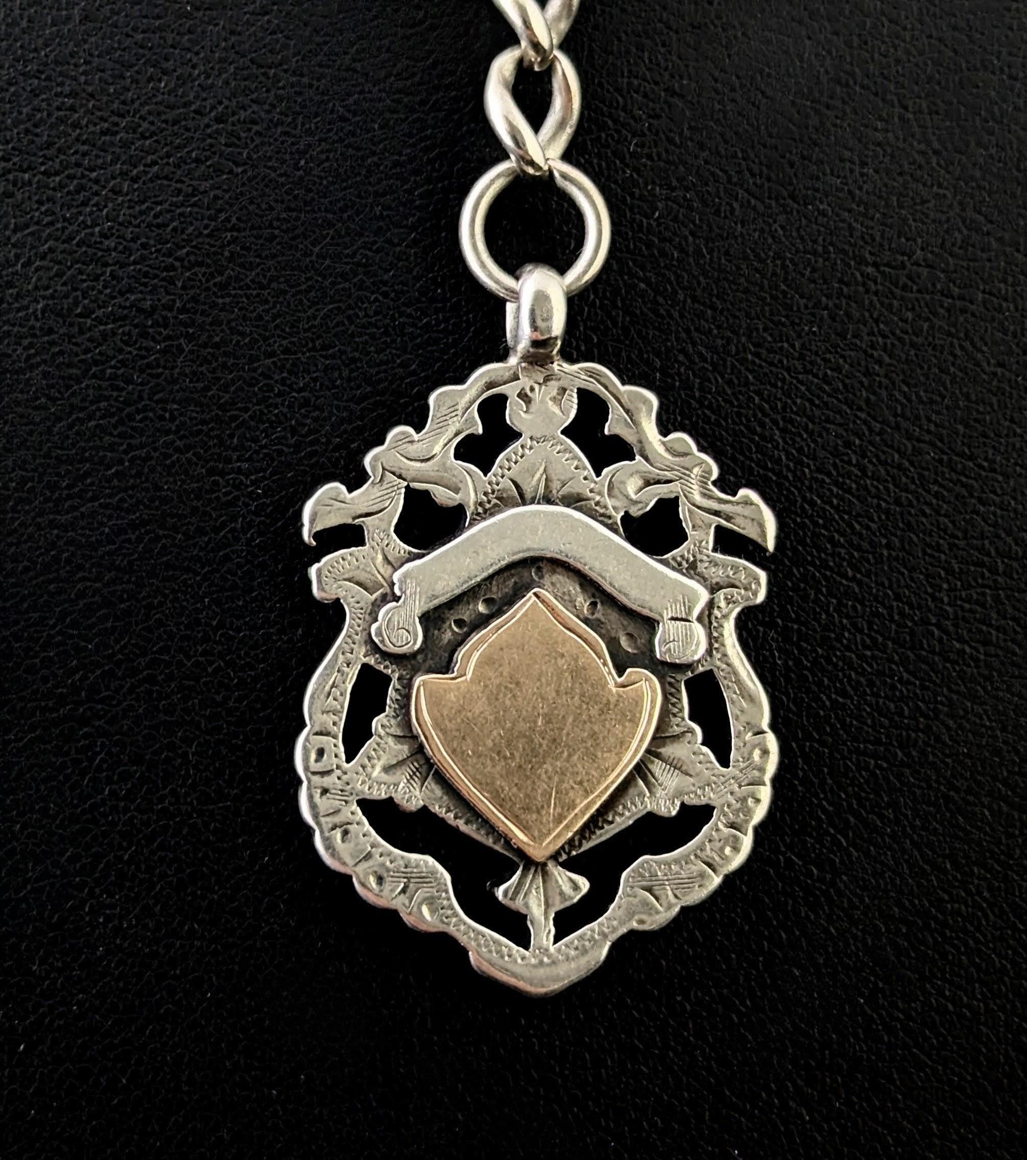 Women's Antique Sterling silver Albert chain, Fob and T bar For Sale