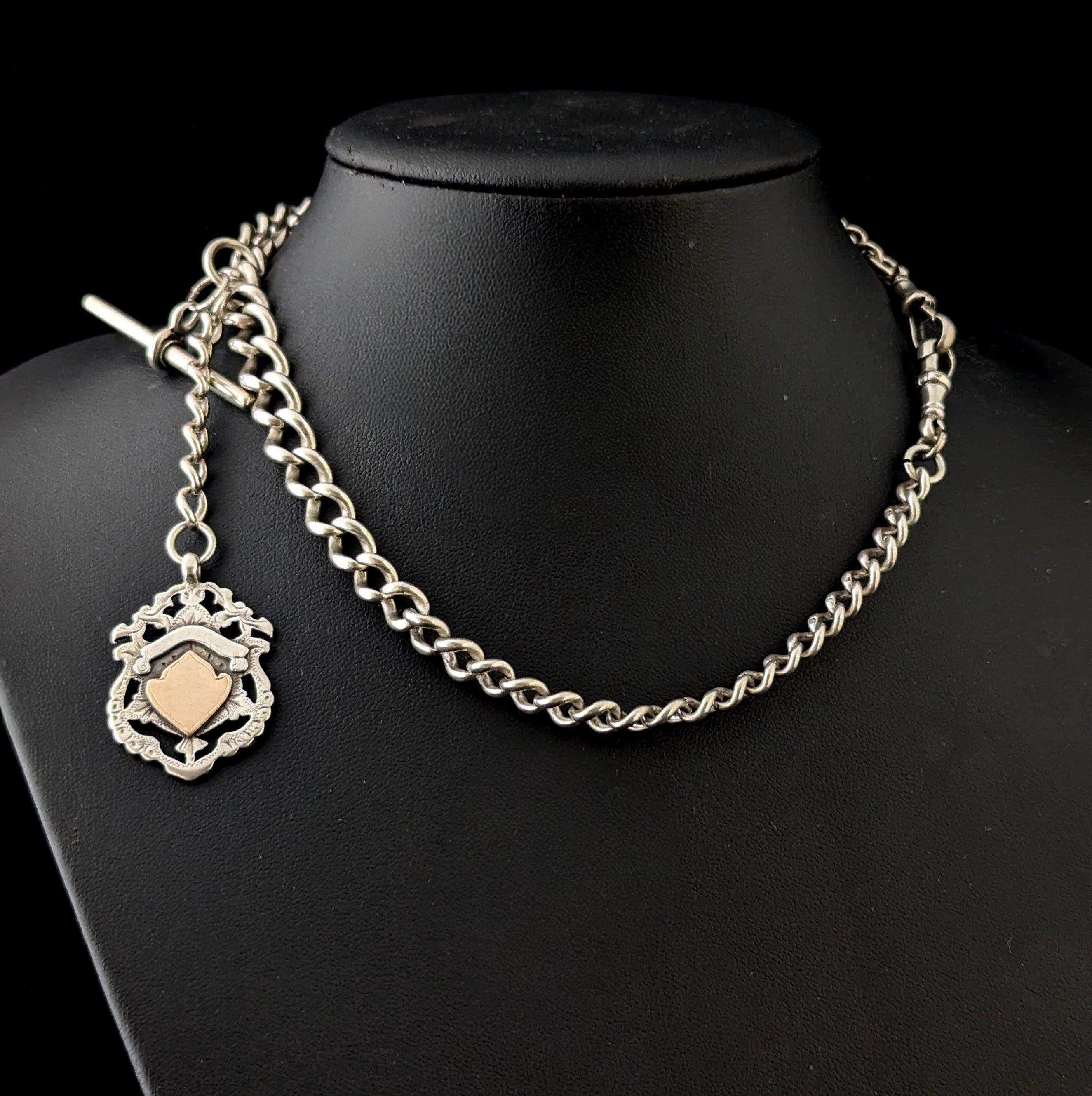 Antique Sterling silver Albert chain, Fob and T bar For Sale 2