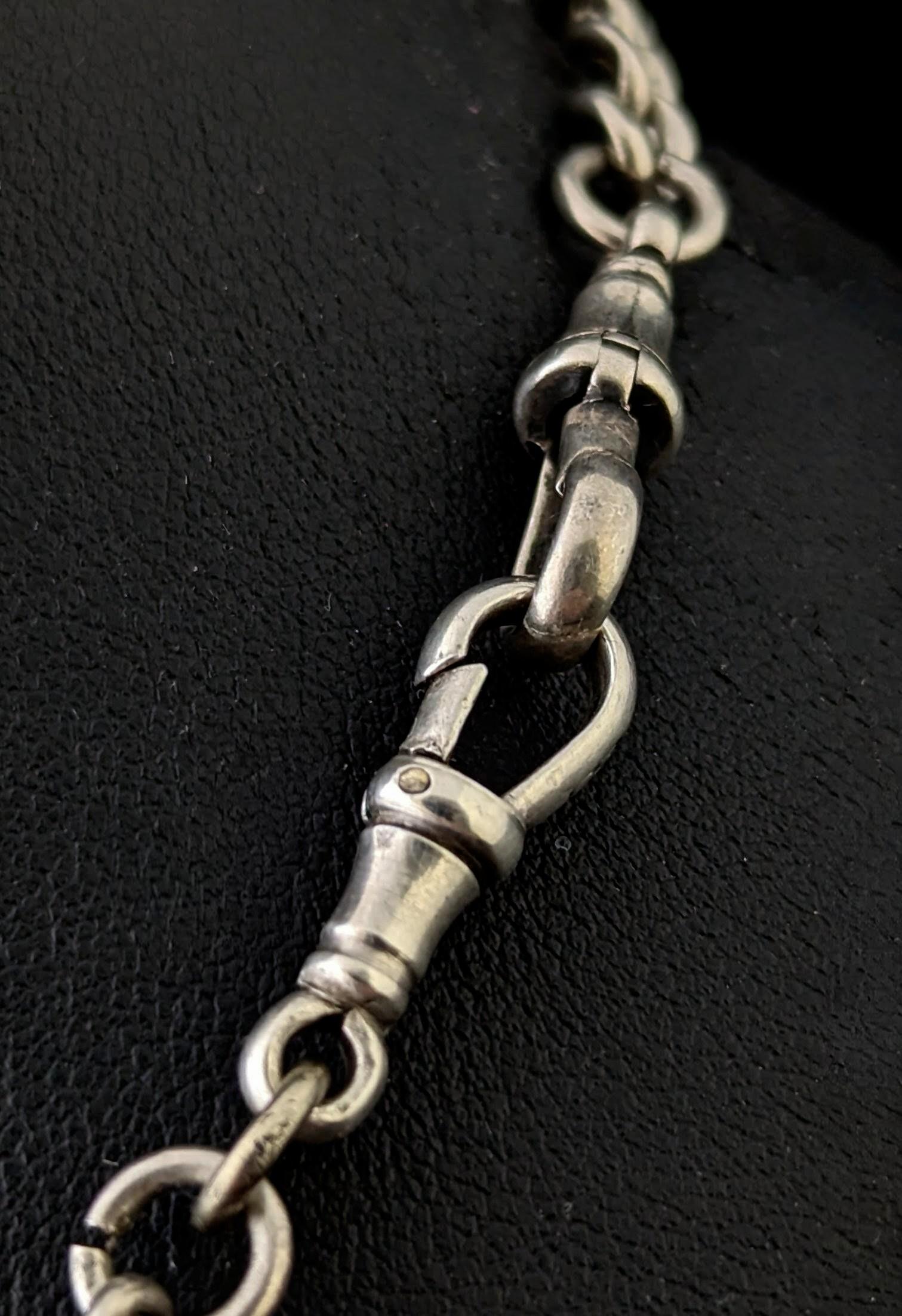 Antique Sterling silver Albert chain, Fob and T bar For Sale 3