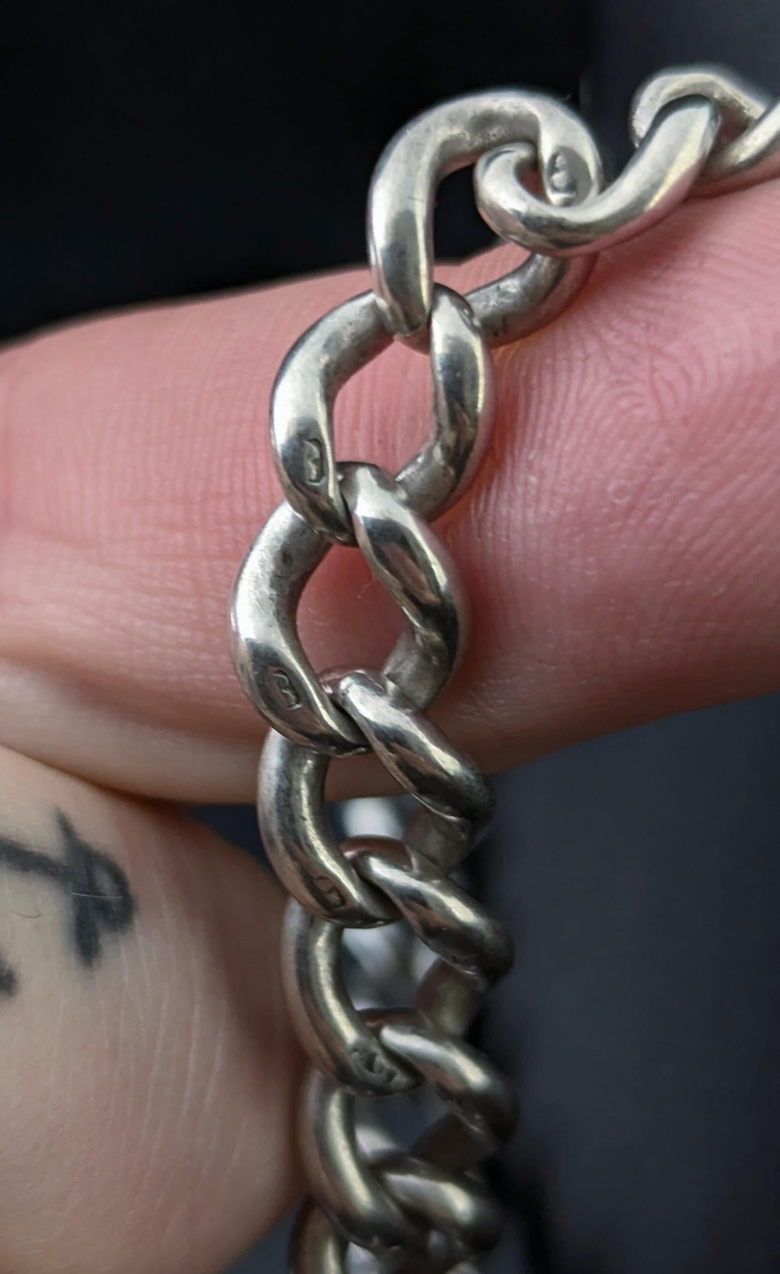 Antique Sterling silver Albert chain, Fob and T bar For Sale 4