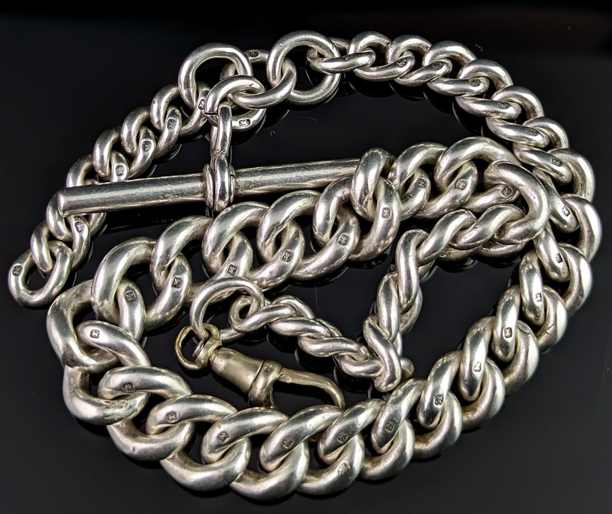 Antique Sterling Silver Albert Chain, Heavy, Watch Chain  1