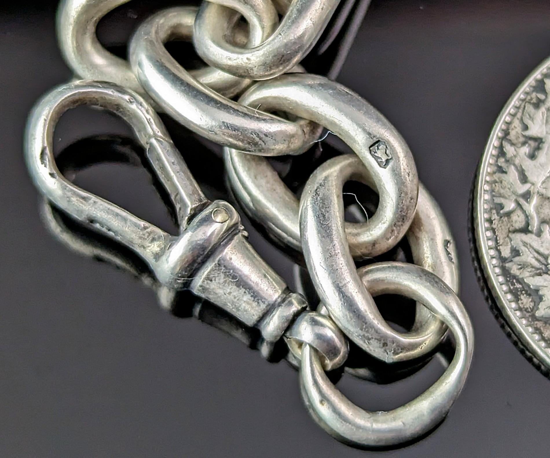 Antique Sterling silver Albert chain, heavy, Watch chain, Paperclip link 6