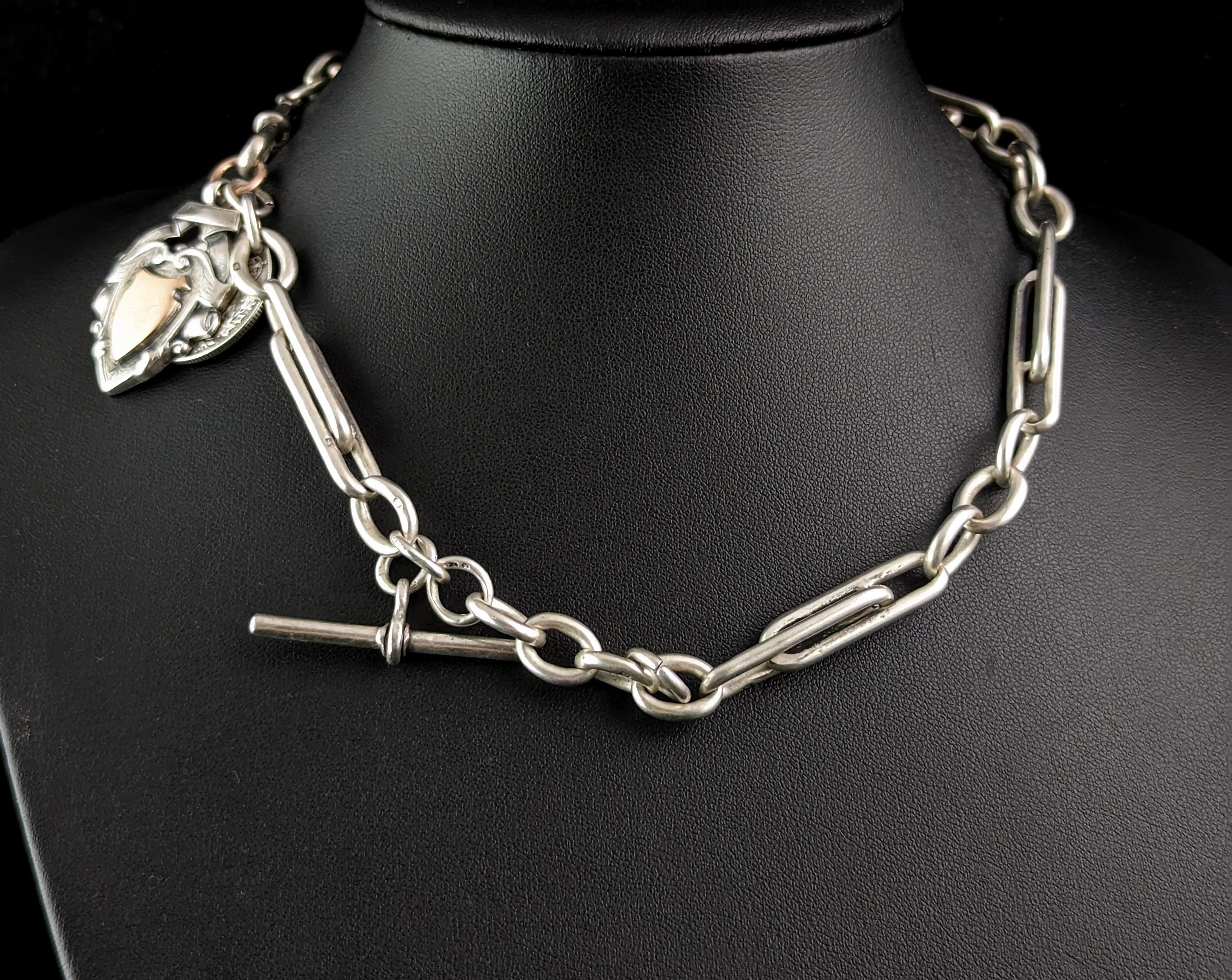 Edwardian Antique Sterling silver Albert chain, heavy, Watch chain, Paperclip link