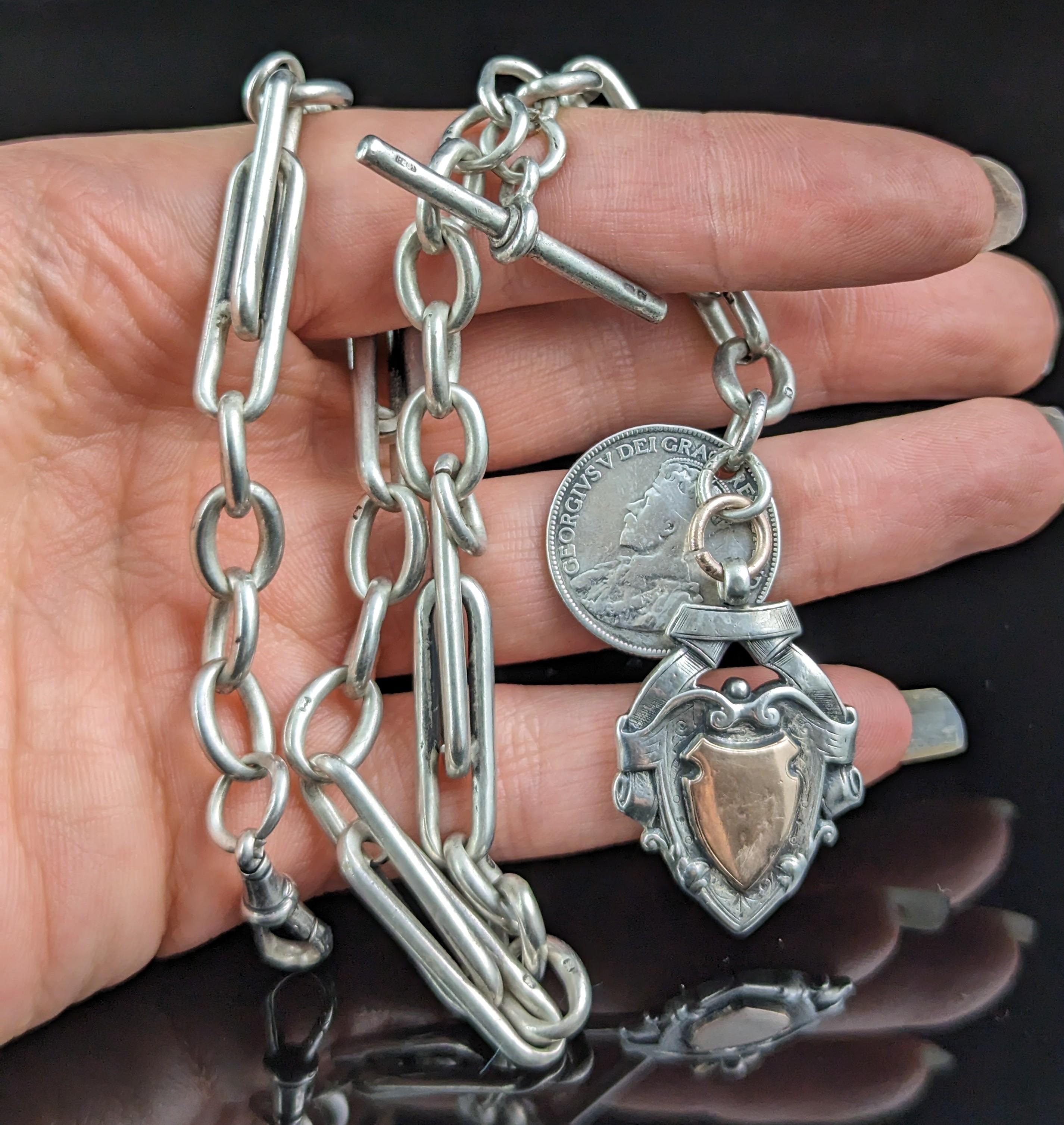 Antique Sterling silver Albert chain, heavy, Watch chain, Paperclip link 2