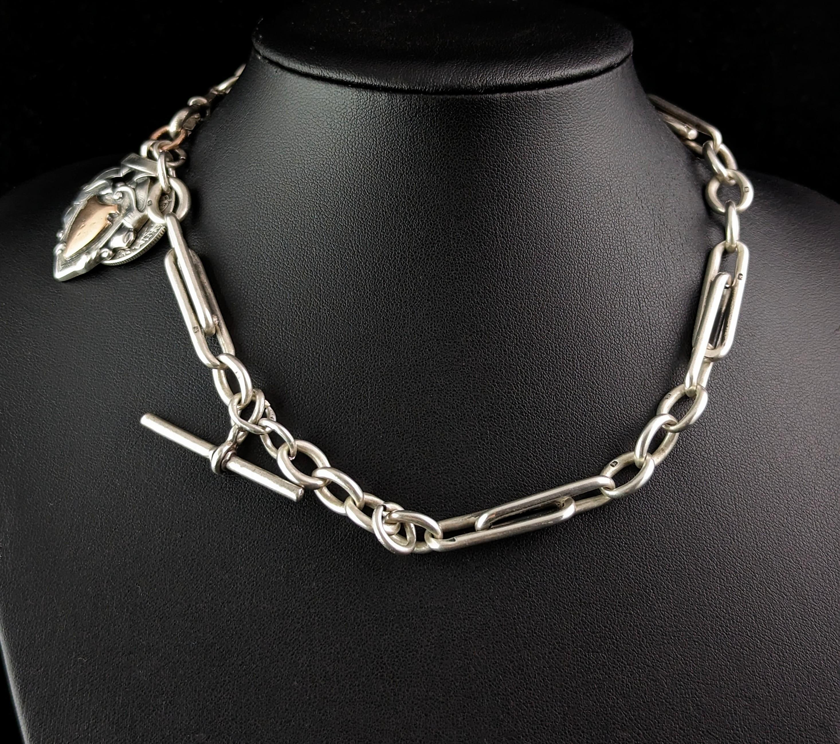 Antique Sterling silver Albert chain, heavy, Watch chain, Paperclip link 4