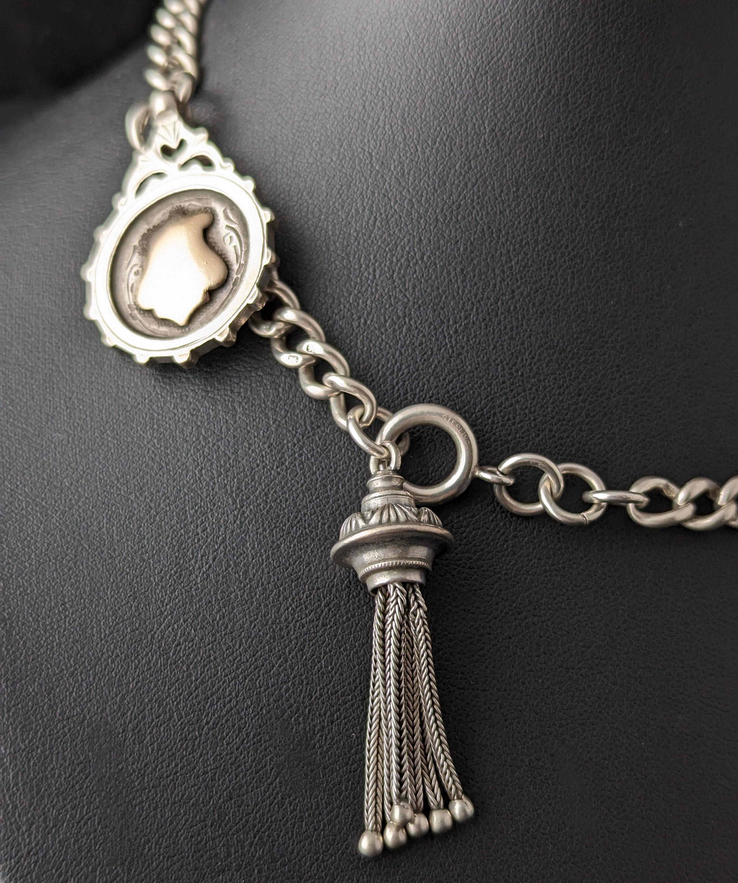Antique sterling silver Albert chain, tassel, watch chain fob  For Sale 2