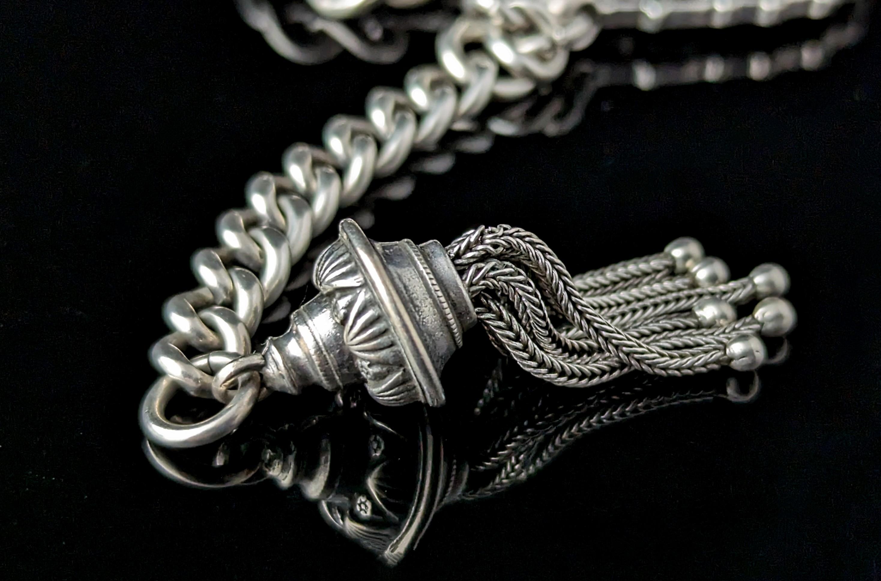Antique sterling silver Albert chain, tassel, watch chain fob  For Sale 3