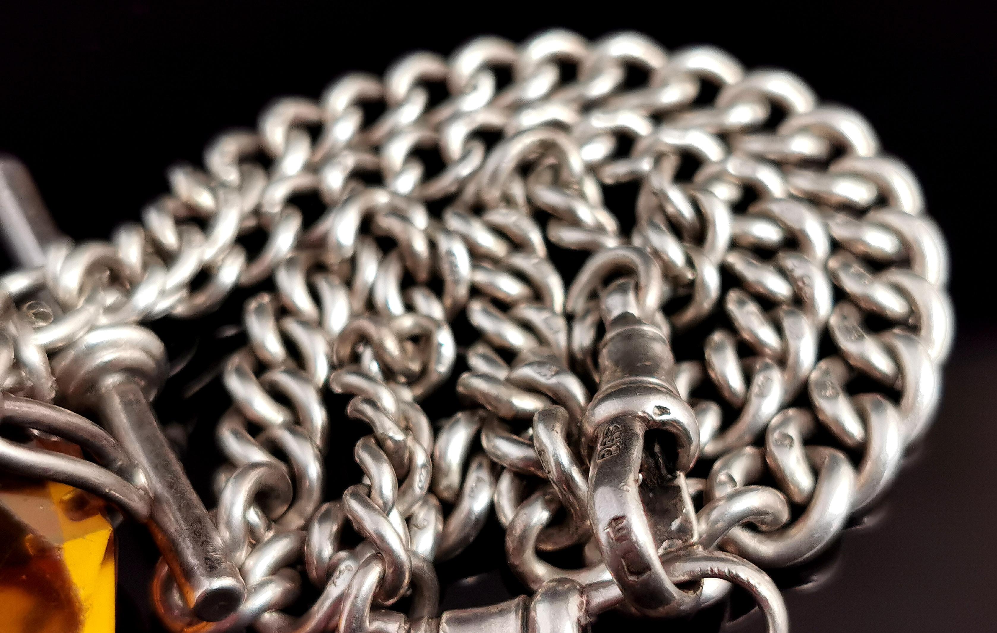 Antique Sterling Silver Albert Chain, Watch Chain, Citrine Spinning Fob 2