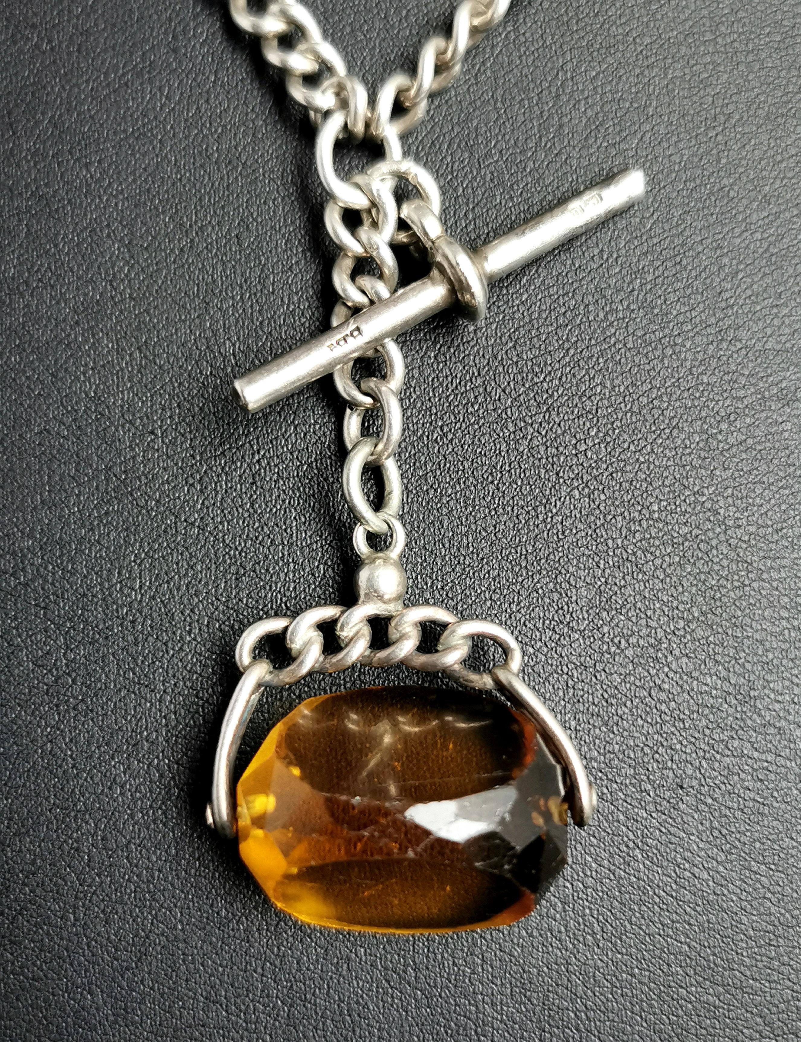 Women's or Men's Antique Sterling Silver Albert Chain, Watch Chain, Citrine Spinning Fob