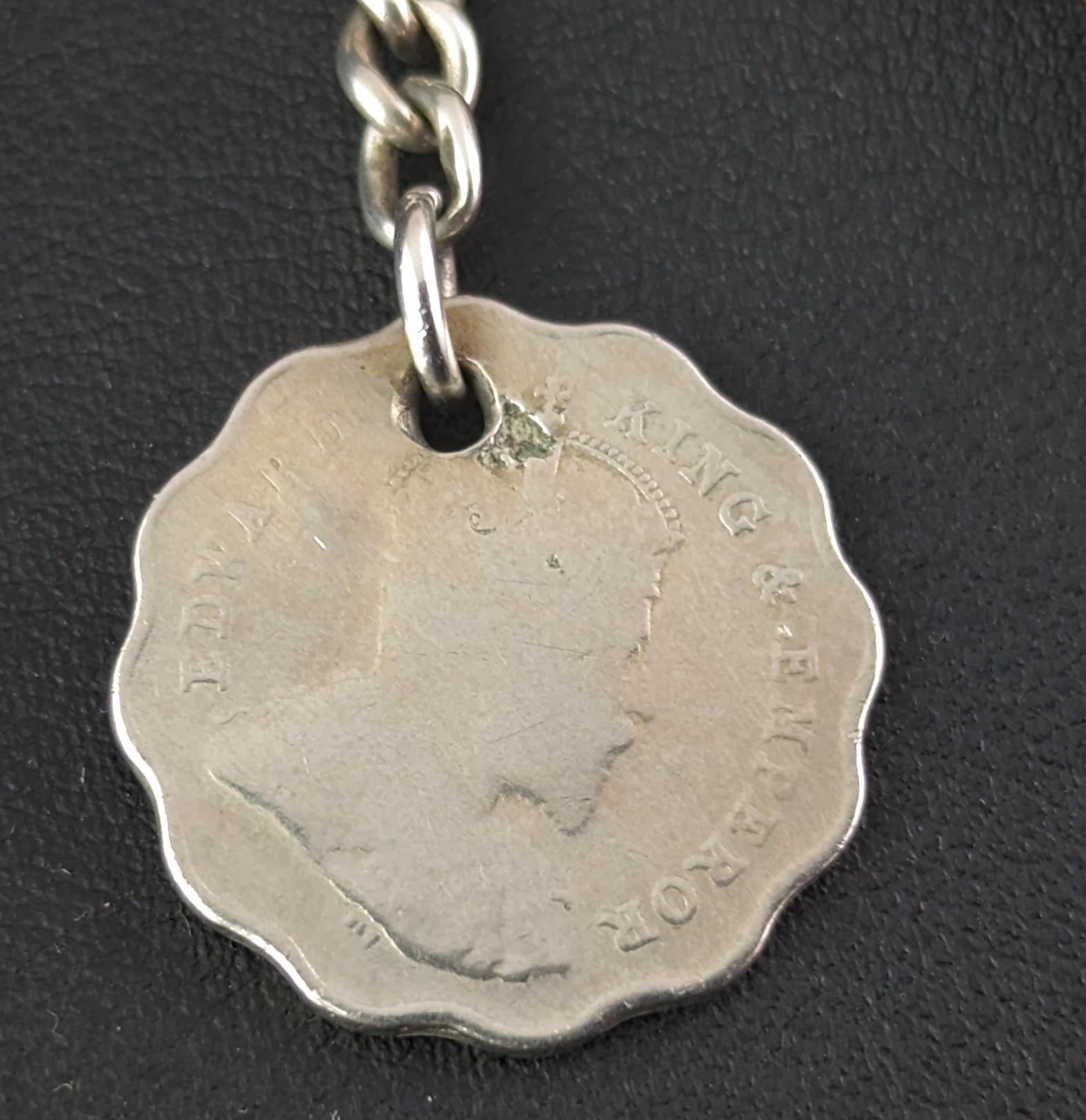 Antique sterling silver Albert chain, watch chain, Coin fob, Edwardian  For Sale 4