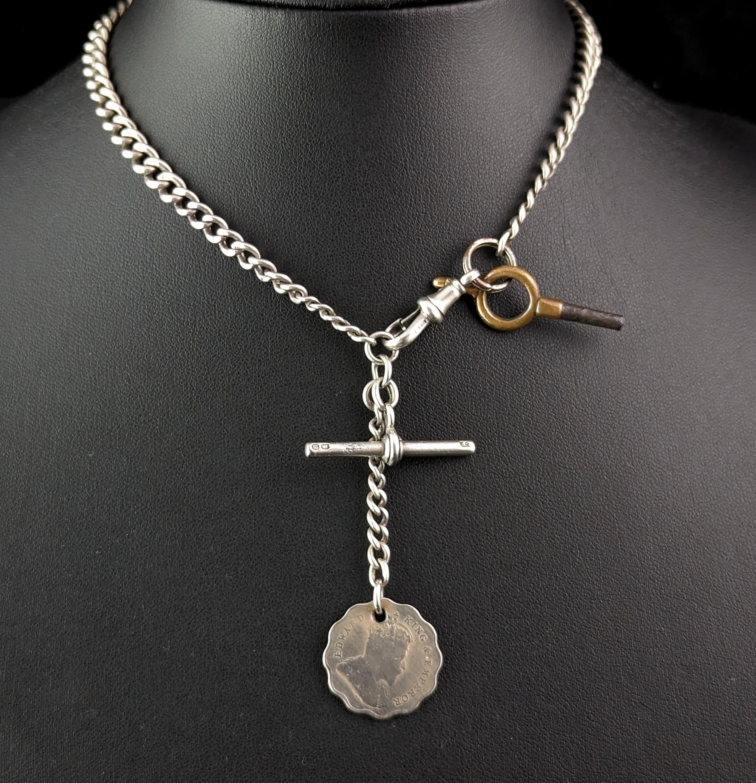 Antique sterling silver Albert chain, watch chain, Coin fob, Edwardian  In Good Condition For Sale In NEWARK, GB