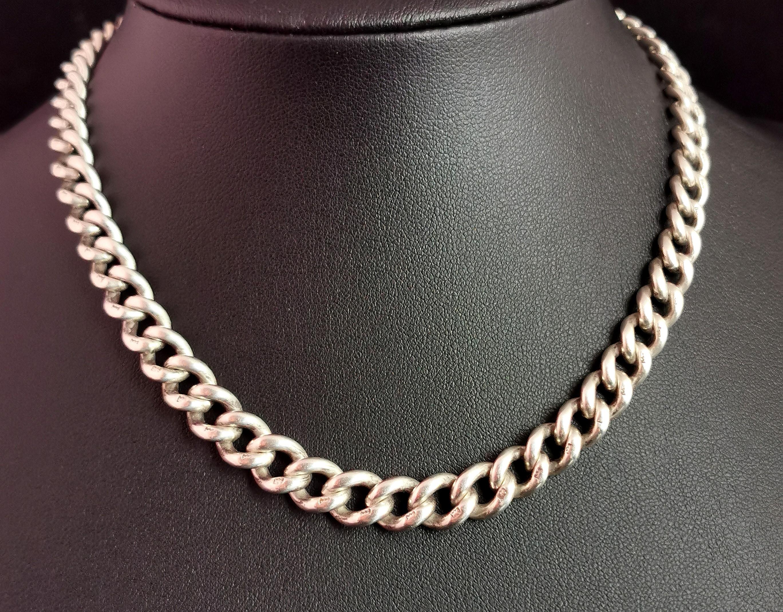 Antique Sterling Silver Albert Chain, Watch Chain, Curb Link For Sale 2