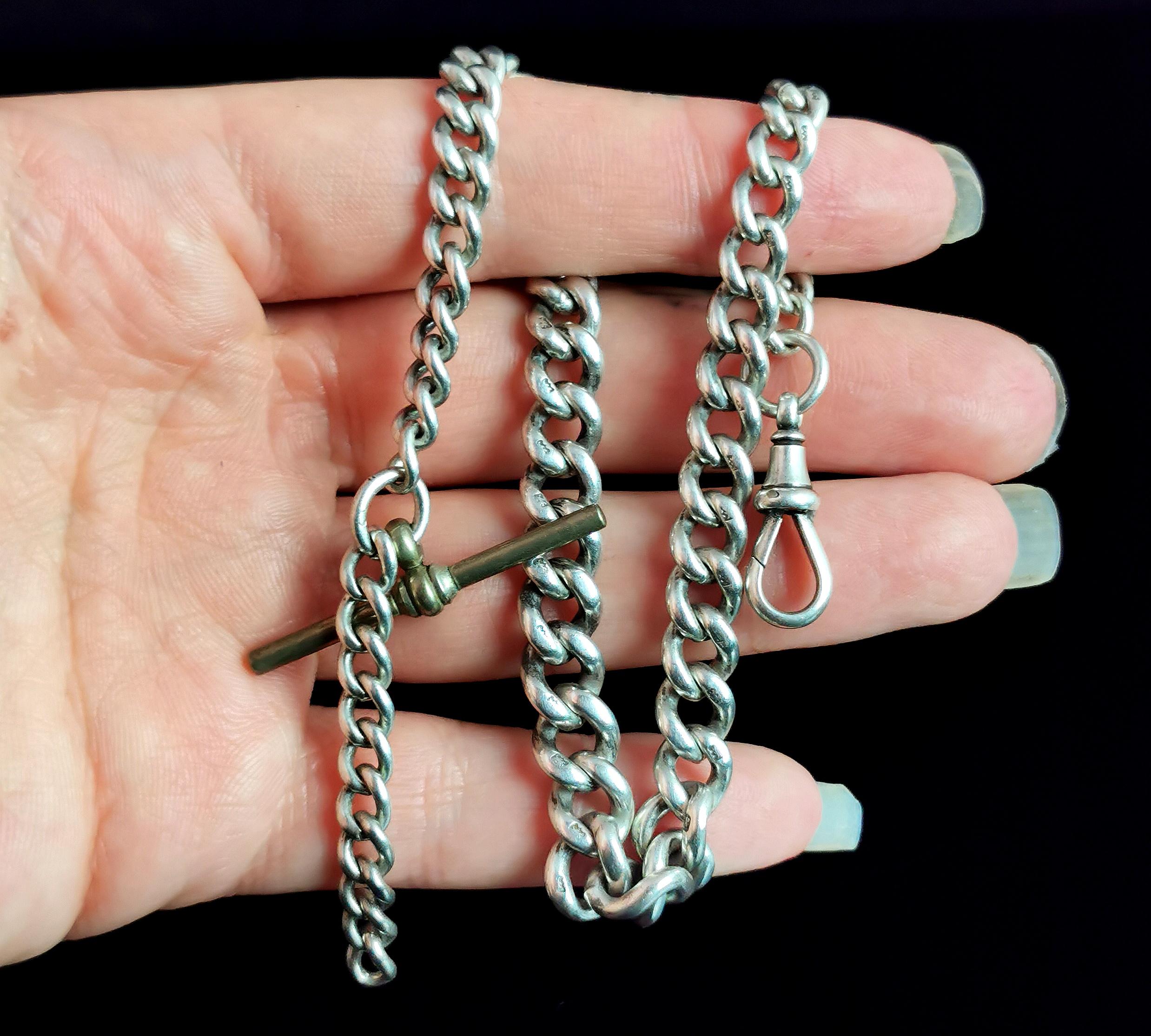 Antique Sterling Silver Albert Chain, Watch Chain, Curb Link For Sale 3