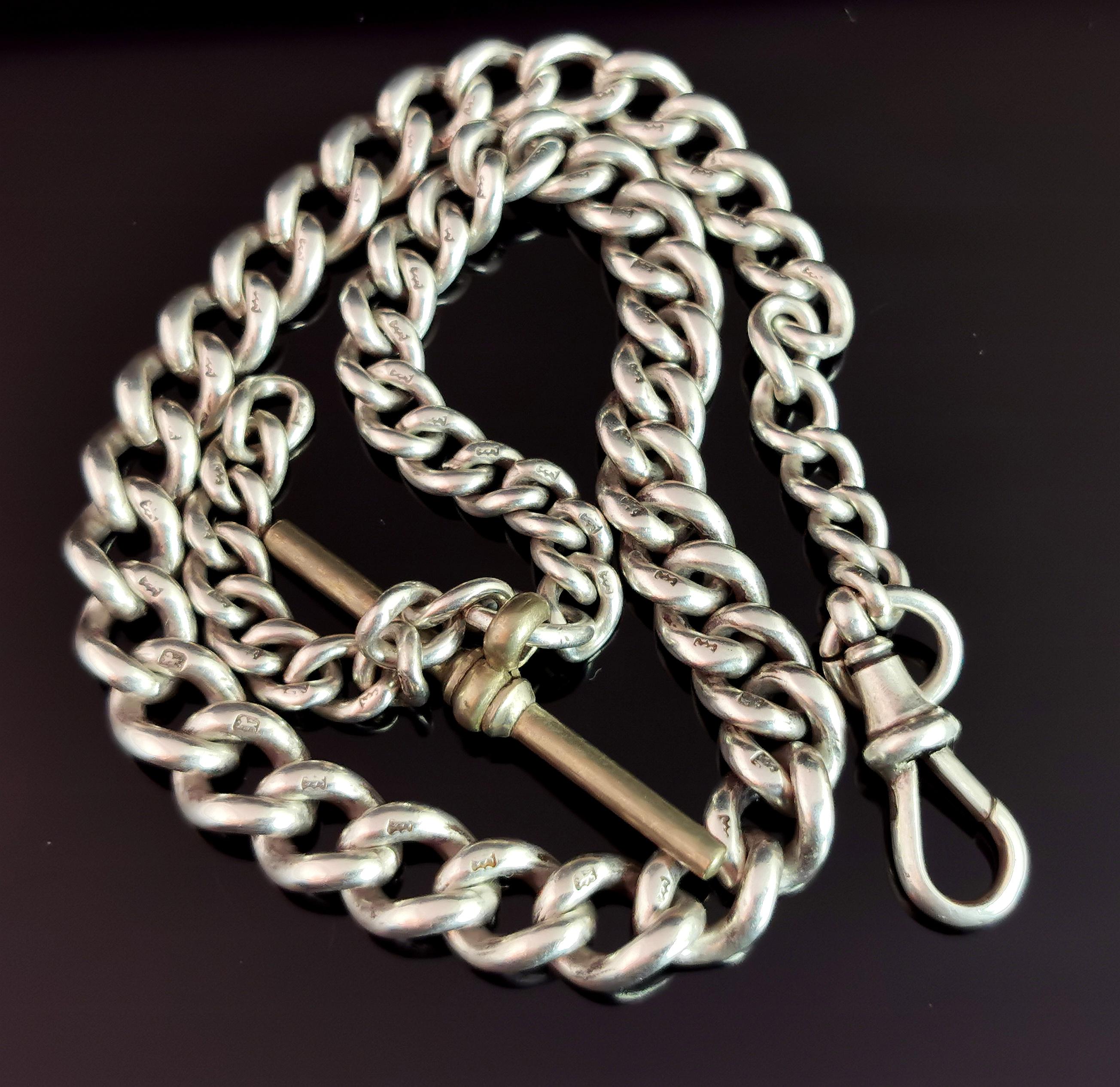 Antique Sterling Silver Albert Chain, Watch Chain, Curb Link For Sale 5
