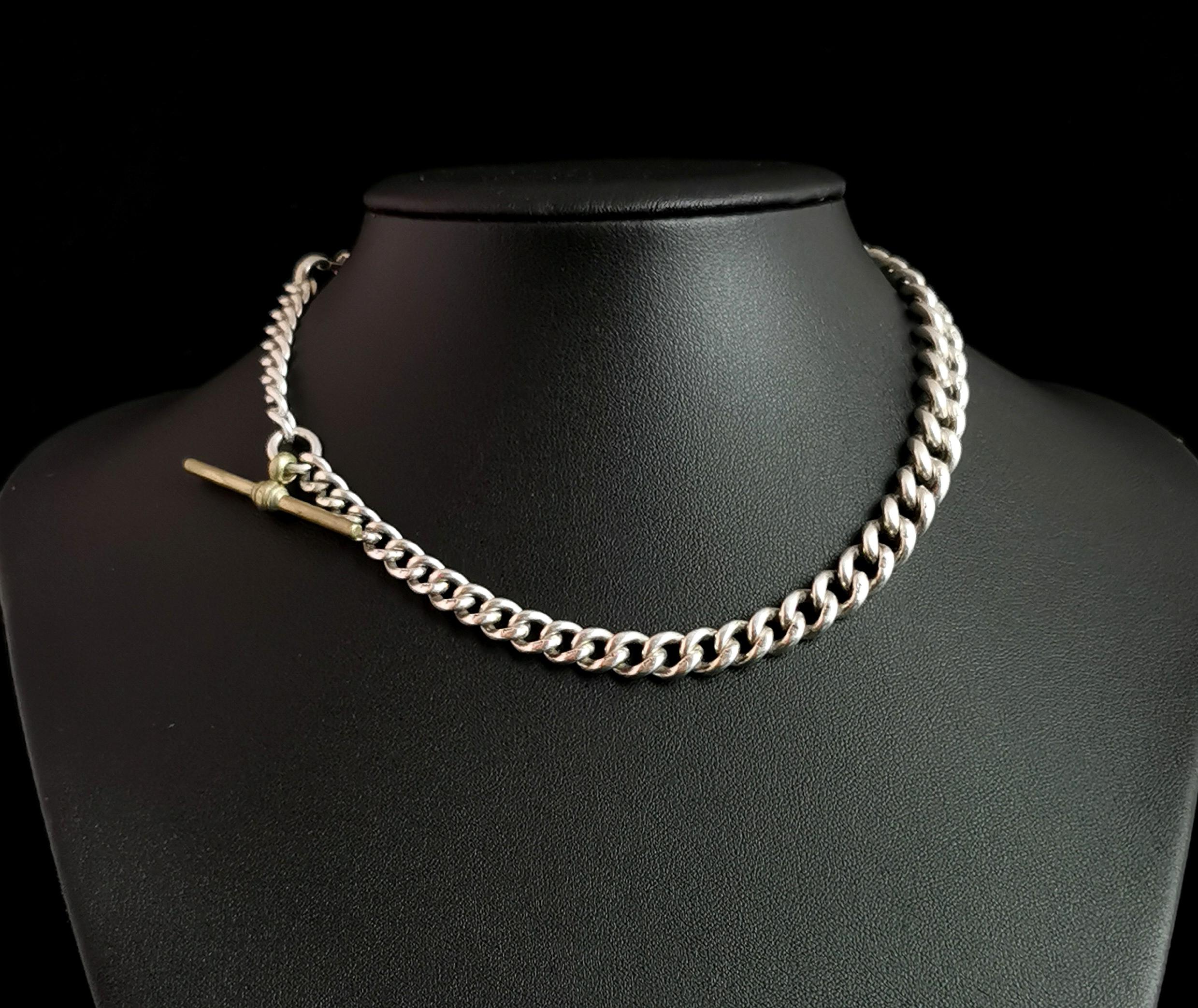 Antique Sterling Silver Albert Chain, Watch Chain, Curb Link In Fair Condition For Sale In NEWARK, GB