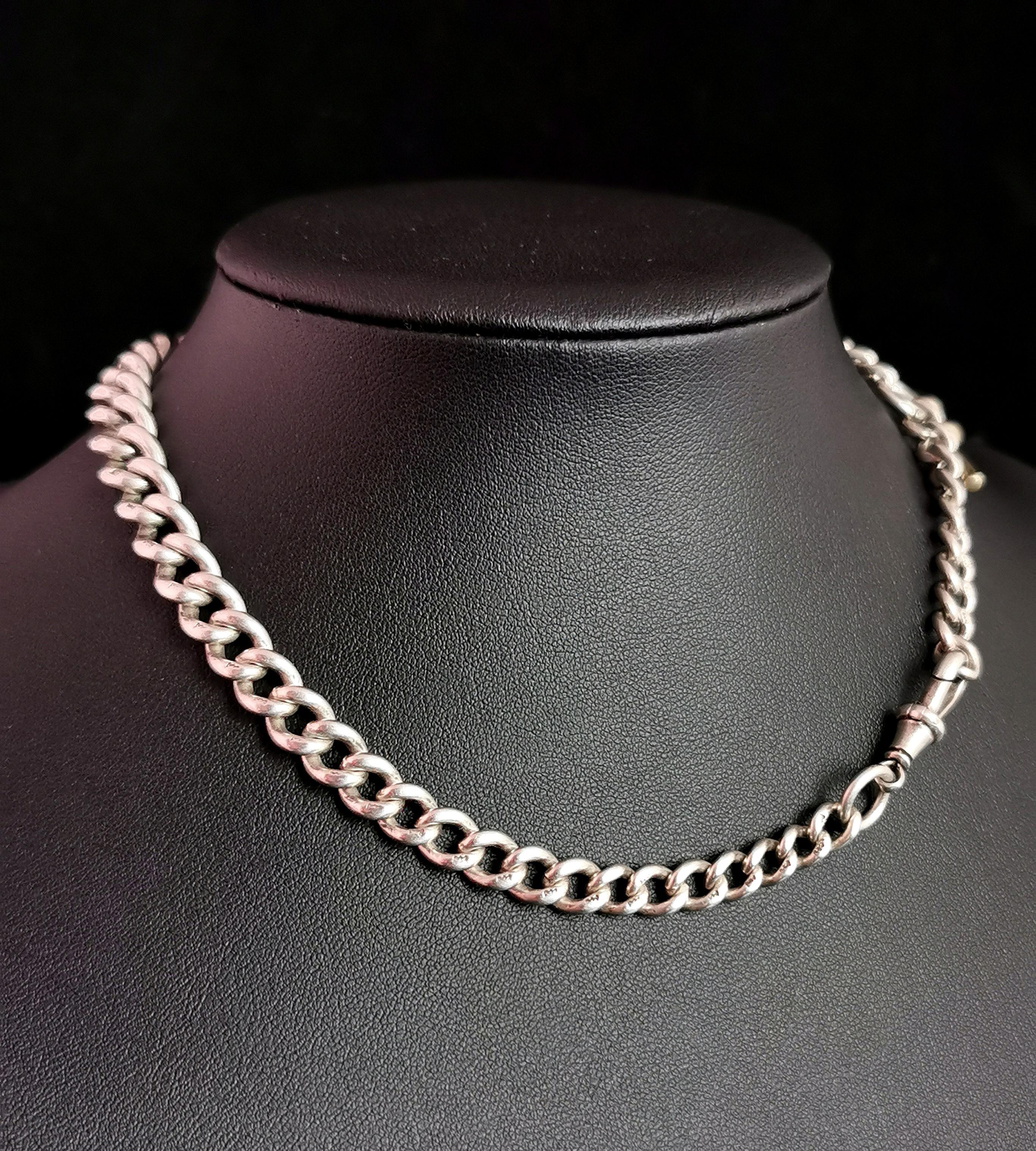 Antique Sterling Silver Albert Chain, Watch Chain, Curb Link For Sale 1