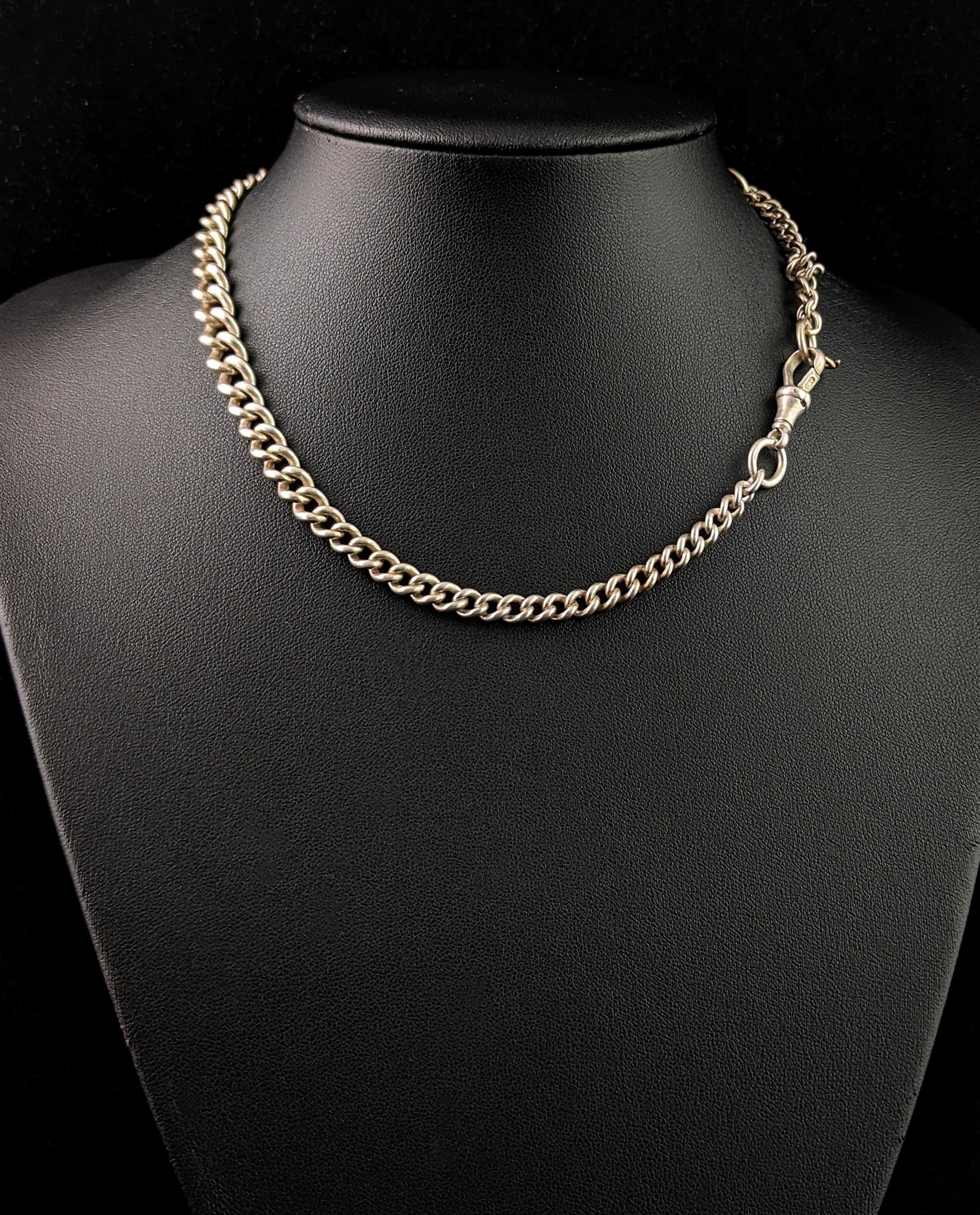An attractive antique, Edwardian era sterling silver Albert chain or watch chain.

Nice chunky silver, graduated curb links with a silver dog clip fastener to one end and a silver jump ring to the other.

The chain is made from sterling silver and