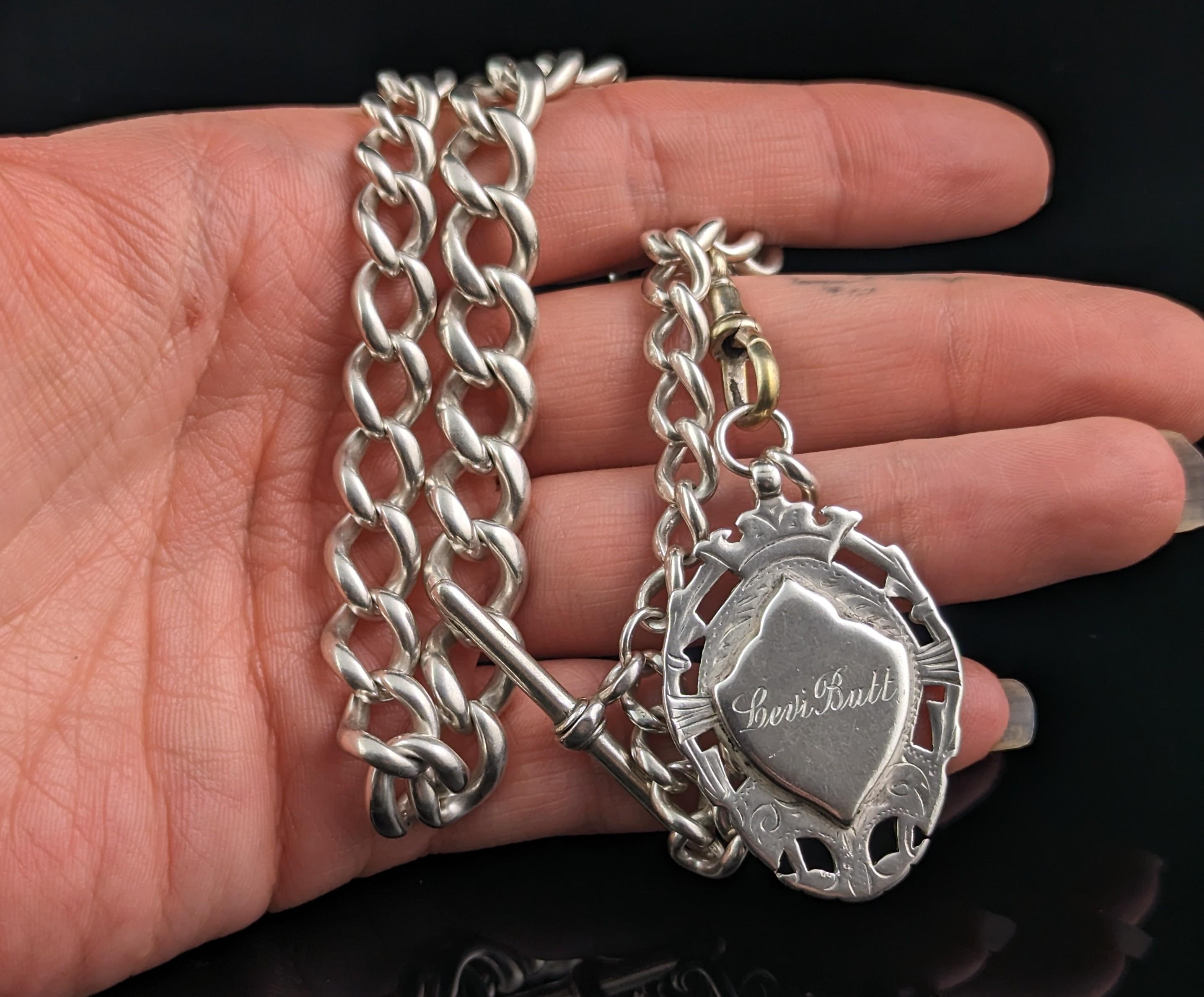 Antique Sterling silver Albert chain, watch chain necklace, Shield fob  In Good Condition For Sale In NEWARK, GB